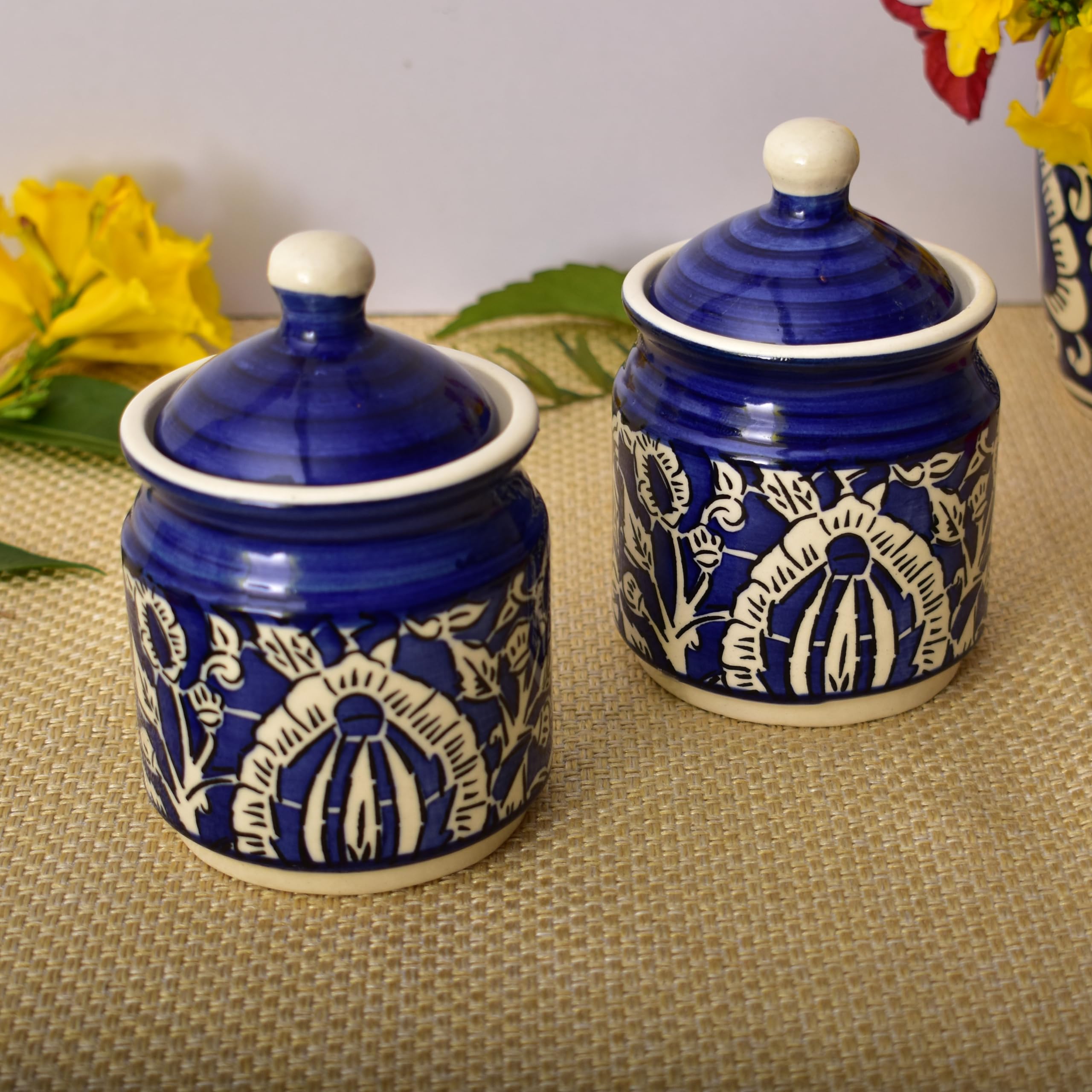 Kunhar Ceramic Multipurpose Jar, Pickle Jars - 200 Ml, 2 Pieces, Blue Mugal Print