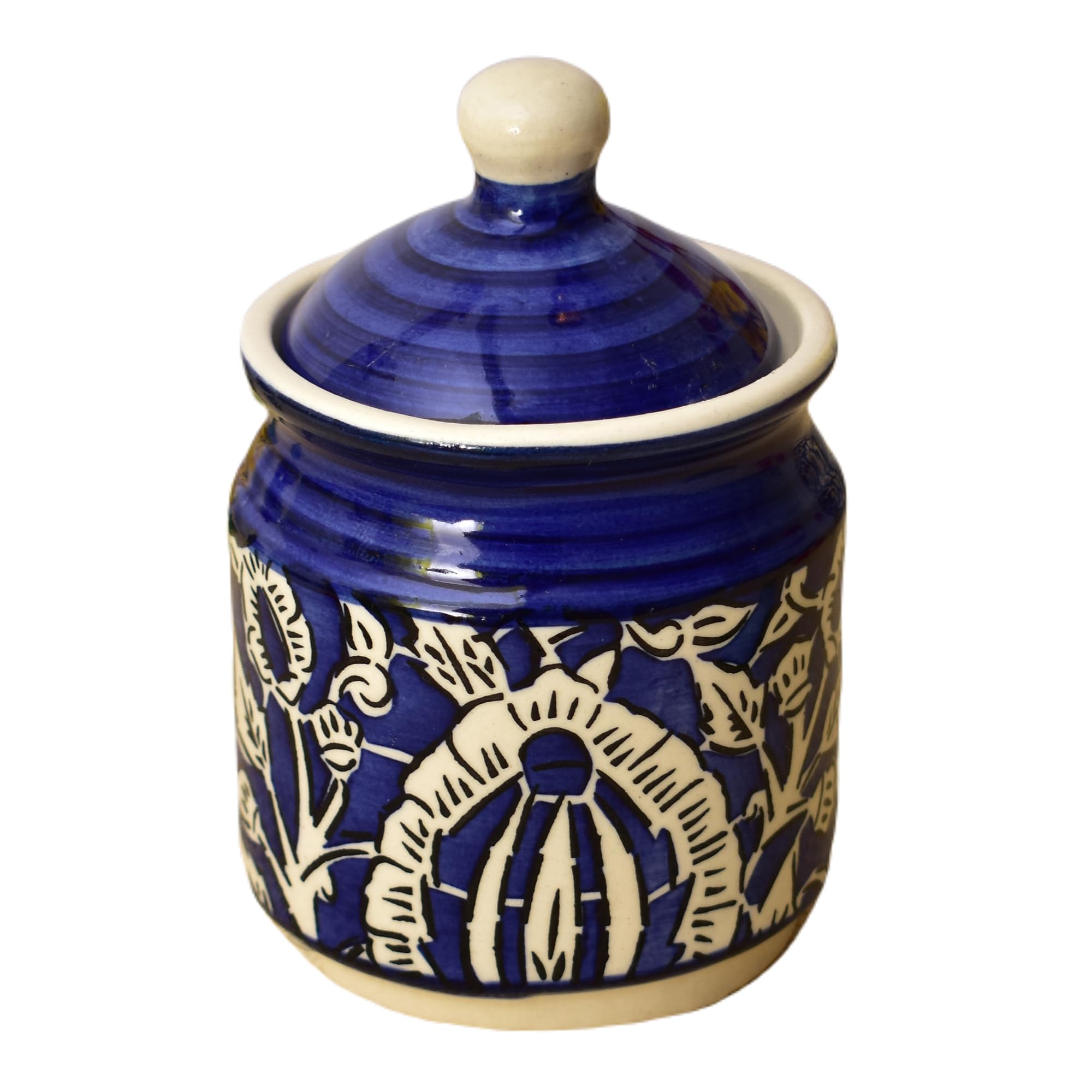Kunhar Ceramic Multipurpose Jar, Pickle Jars - 200 Ml, 2 Pieces, Blue Mugal Print