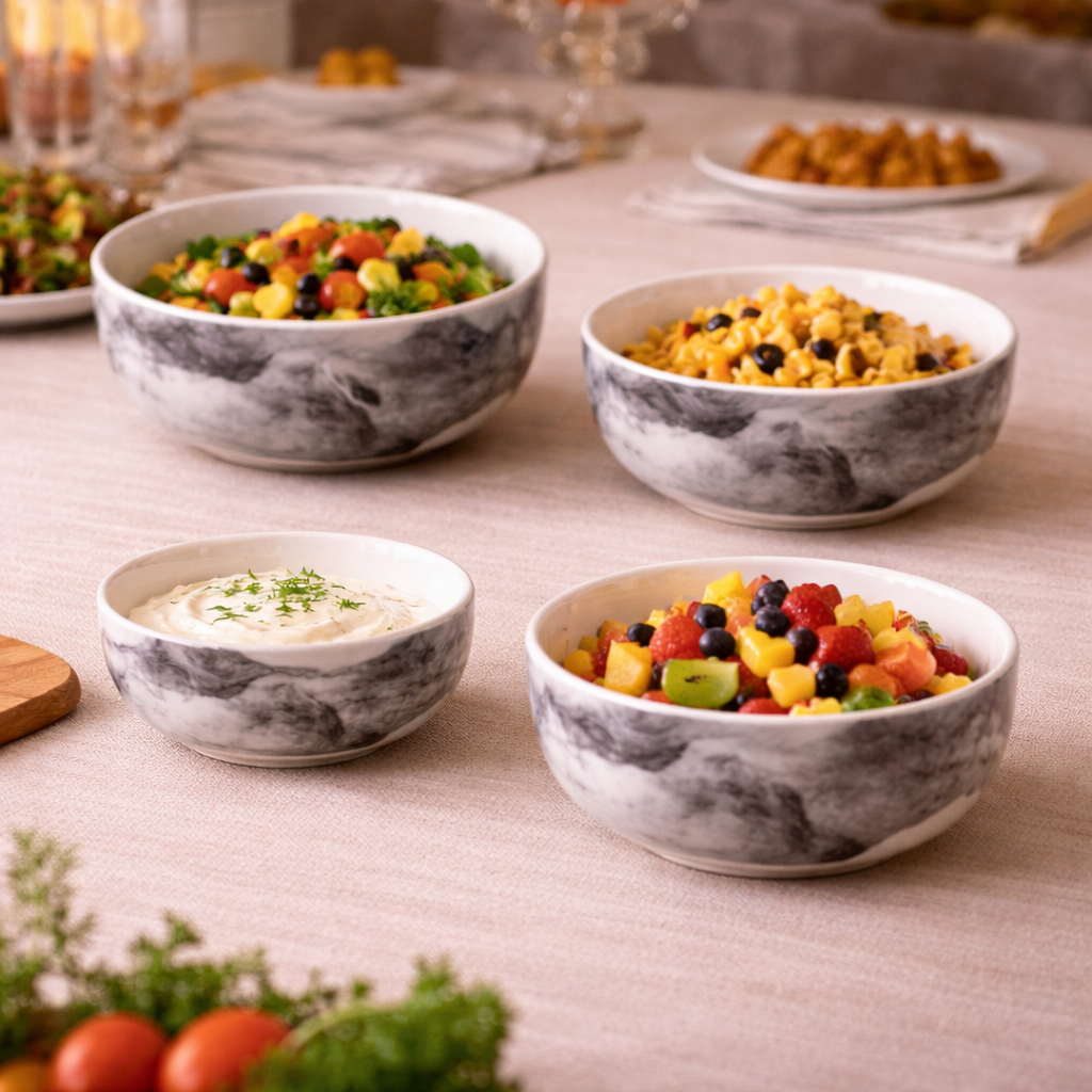 Kunhar Ceramic Mixing Bowl Set – 4 Pieces (1500ml, 800ml, 600ml, 400ml), Marble Color – Durable, Microwave & Dishwasher Safe – Ideal for Mixing, Serving & Storage