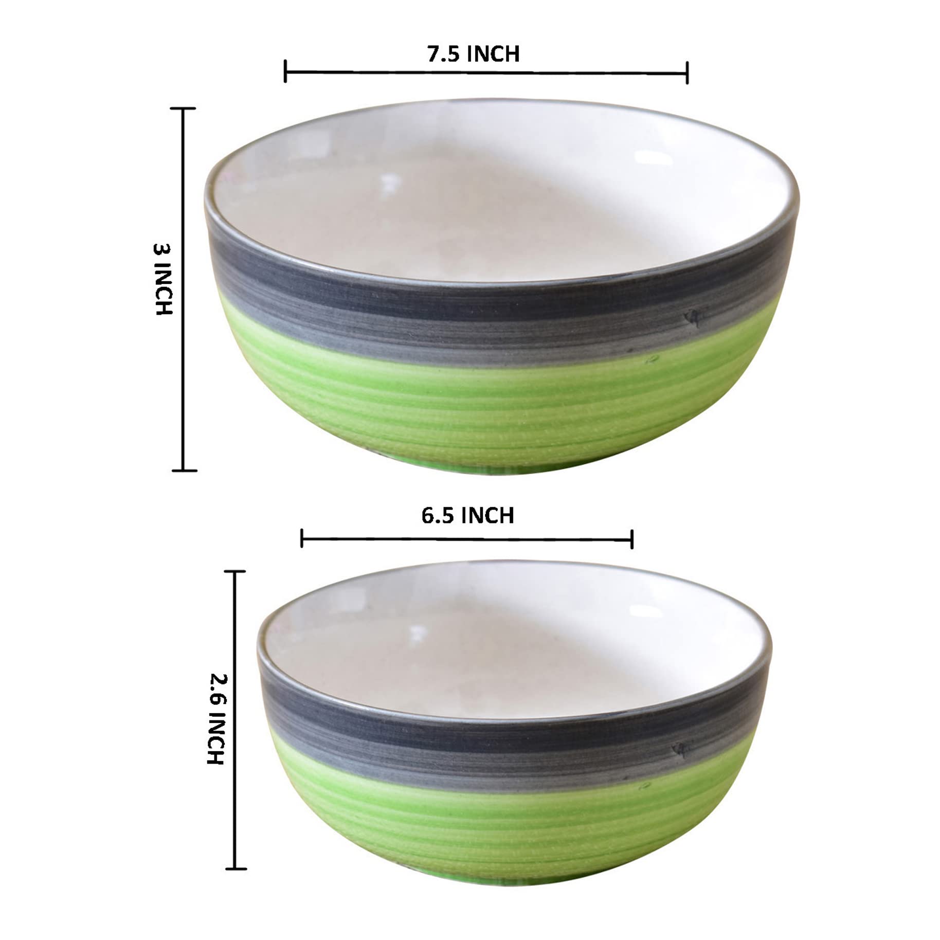 Kunhar Ceramic Mixing Bowls - 1500 ML and 800 ML, 2 Pieces, Green Grey