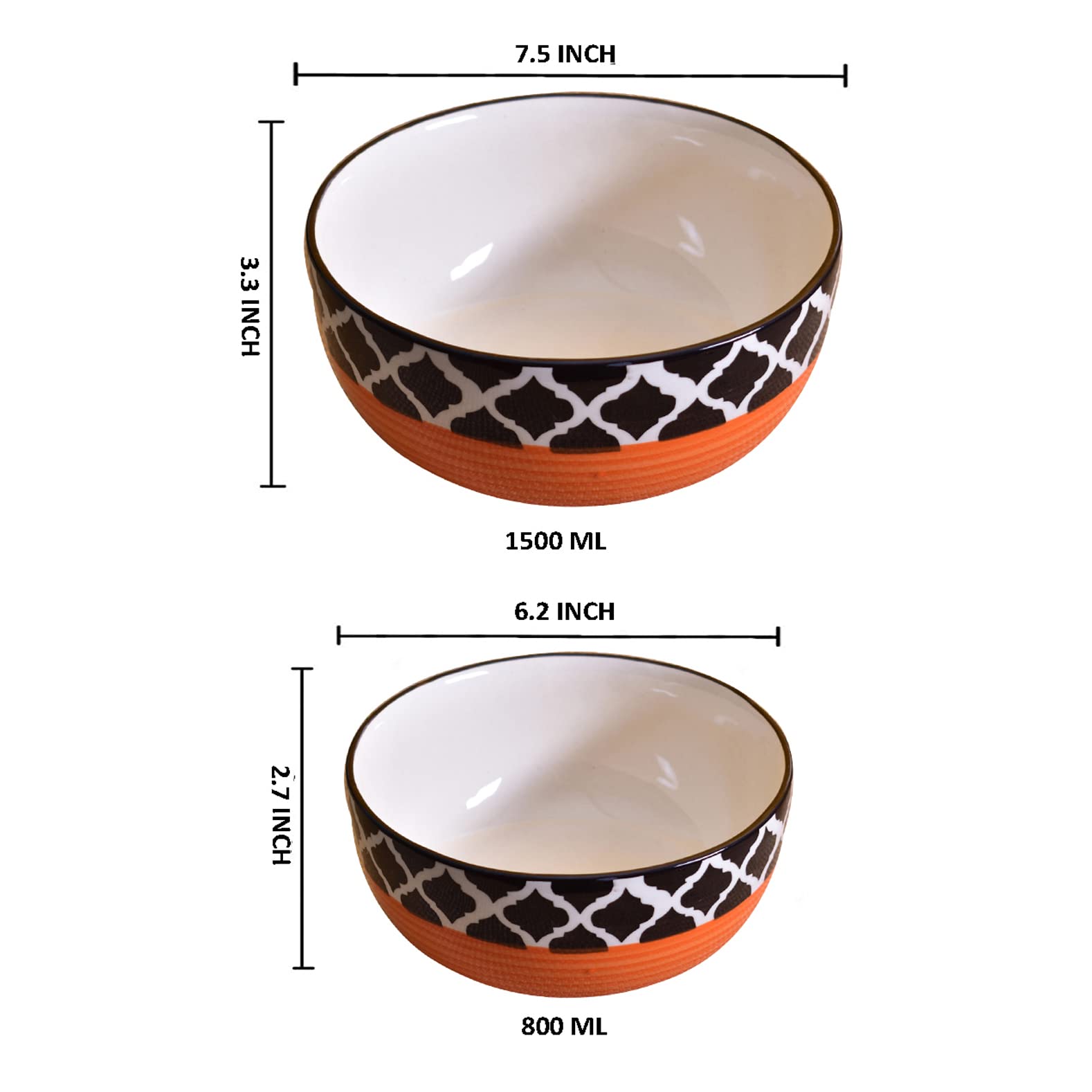 Kunhar Ceramic Mixing Bowls - 1500 ML and 800 ML, 2 Pieces, Red Chidi