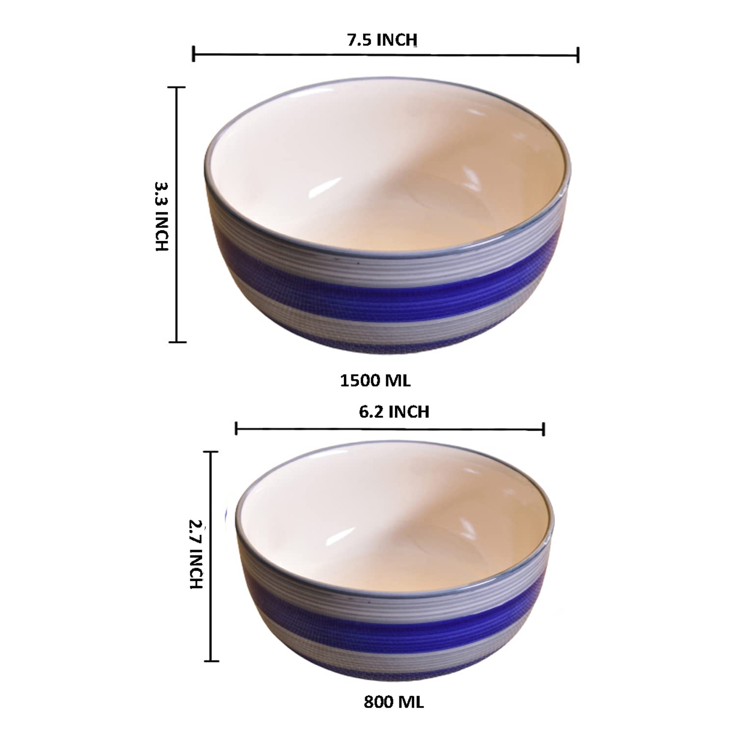 Kunhar Ceramic Mixing Bowls - 1500 ML and 800 ML, 2 Pieces, Monsoon