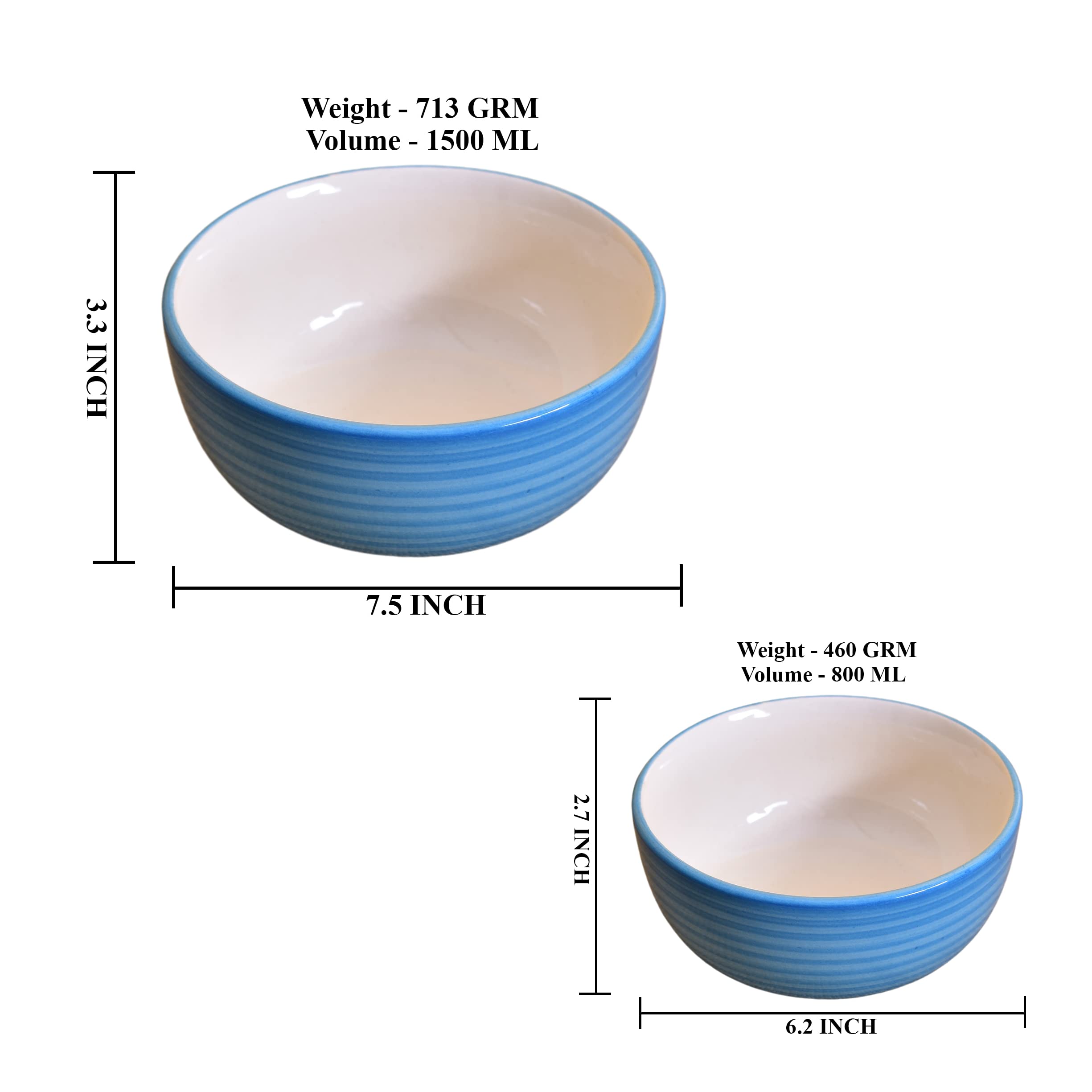 Kunhar Ceramic Mixing Bowls - 1500 Ml and 800 Ml, 2 Pieces, Crystal Blue
