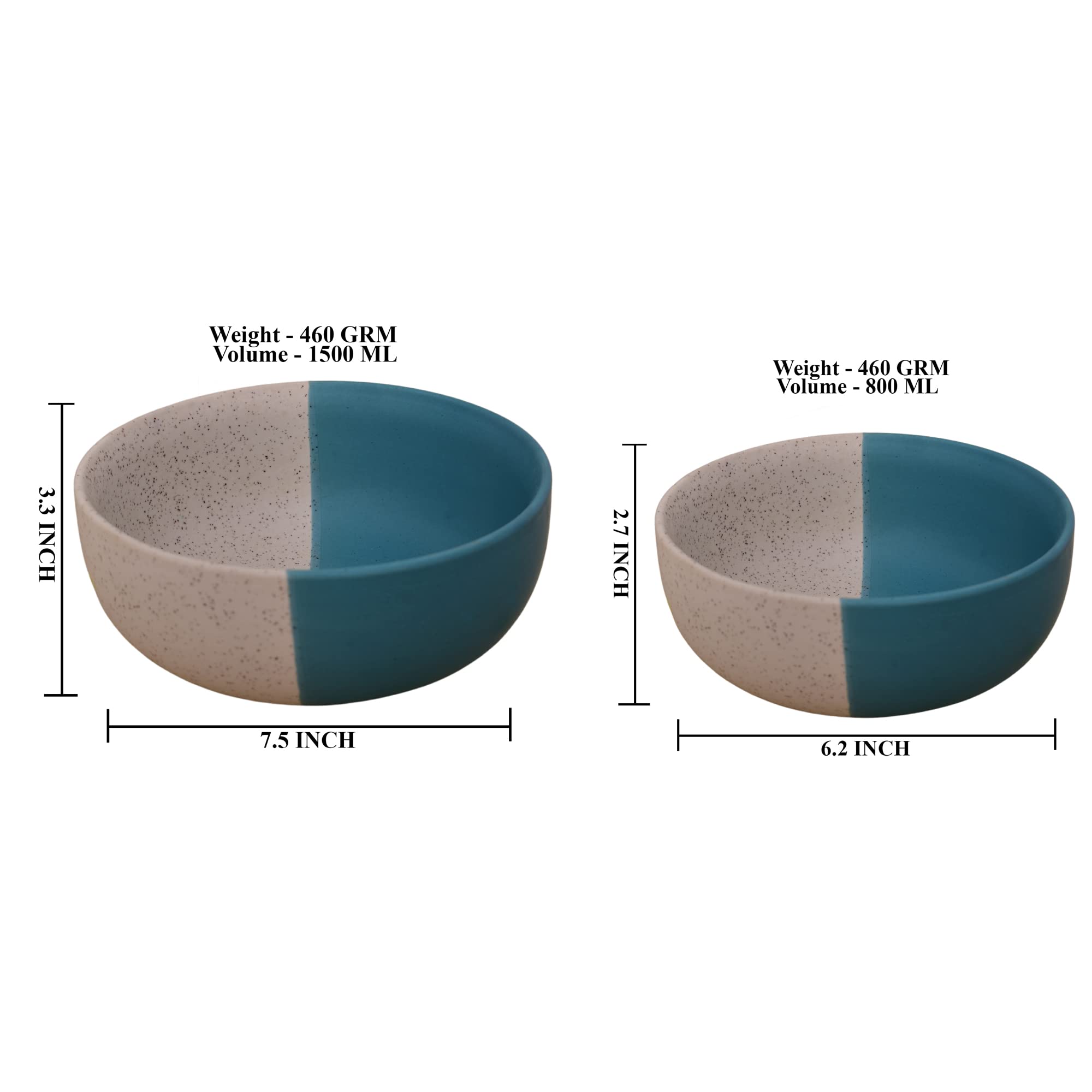 Kunhar Ceramic Mixing Bowls - 1500 Ml and 800 Ml, 2 Pieces, White Dusty Blue