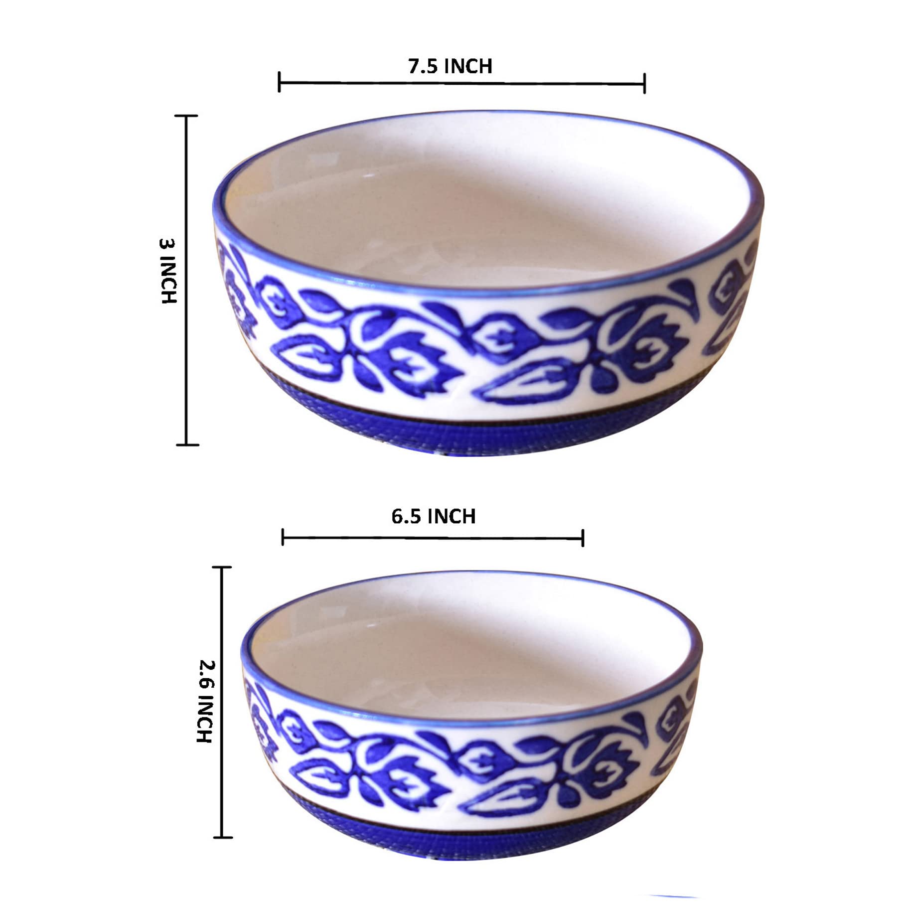 Kunhar Ceramic Mixing Bowls - 1500 ML and 800 ML, 2 Pieces, Blue