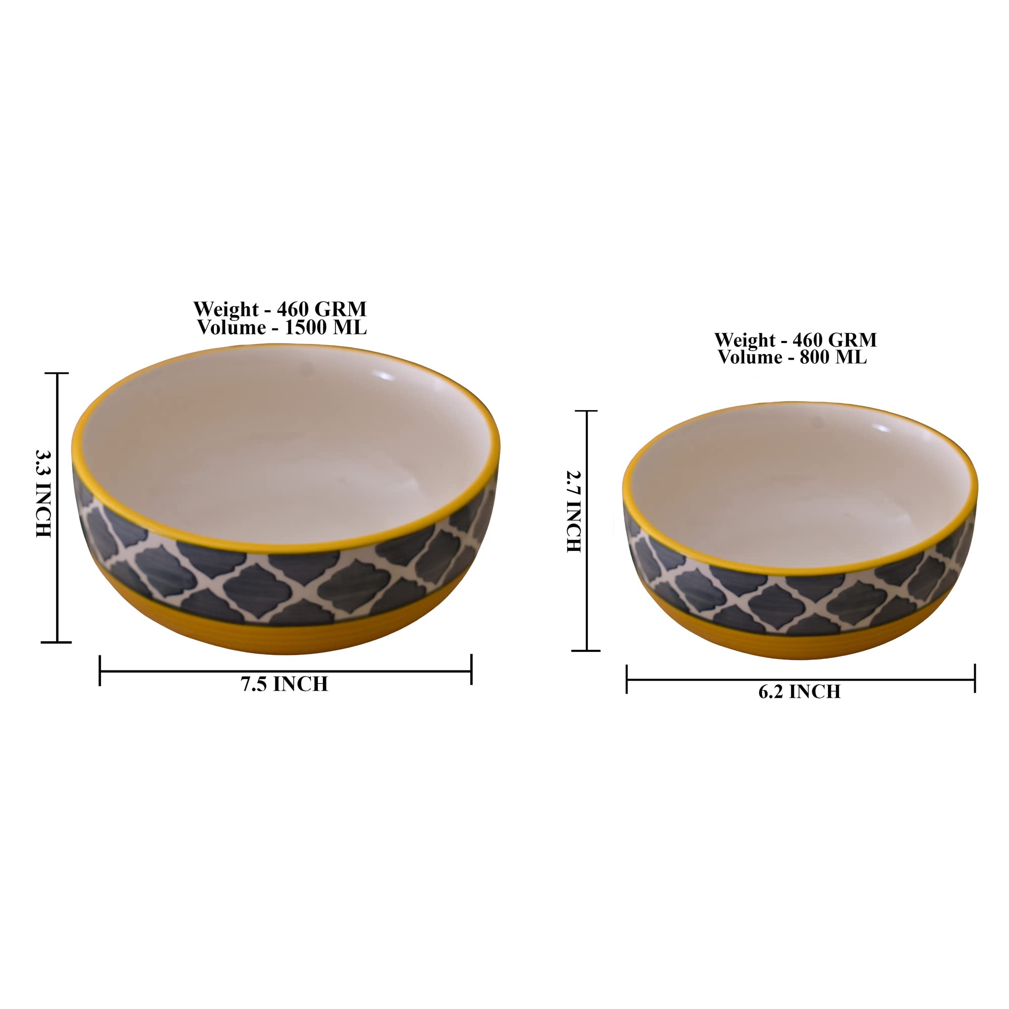 Kunhar Ceramic Mixing Bowls - 1500 Ml and 800 Ml, 2 Pieces, Yellow Grey