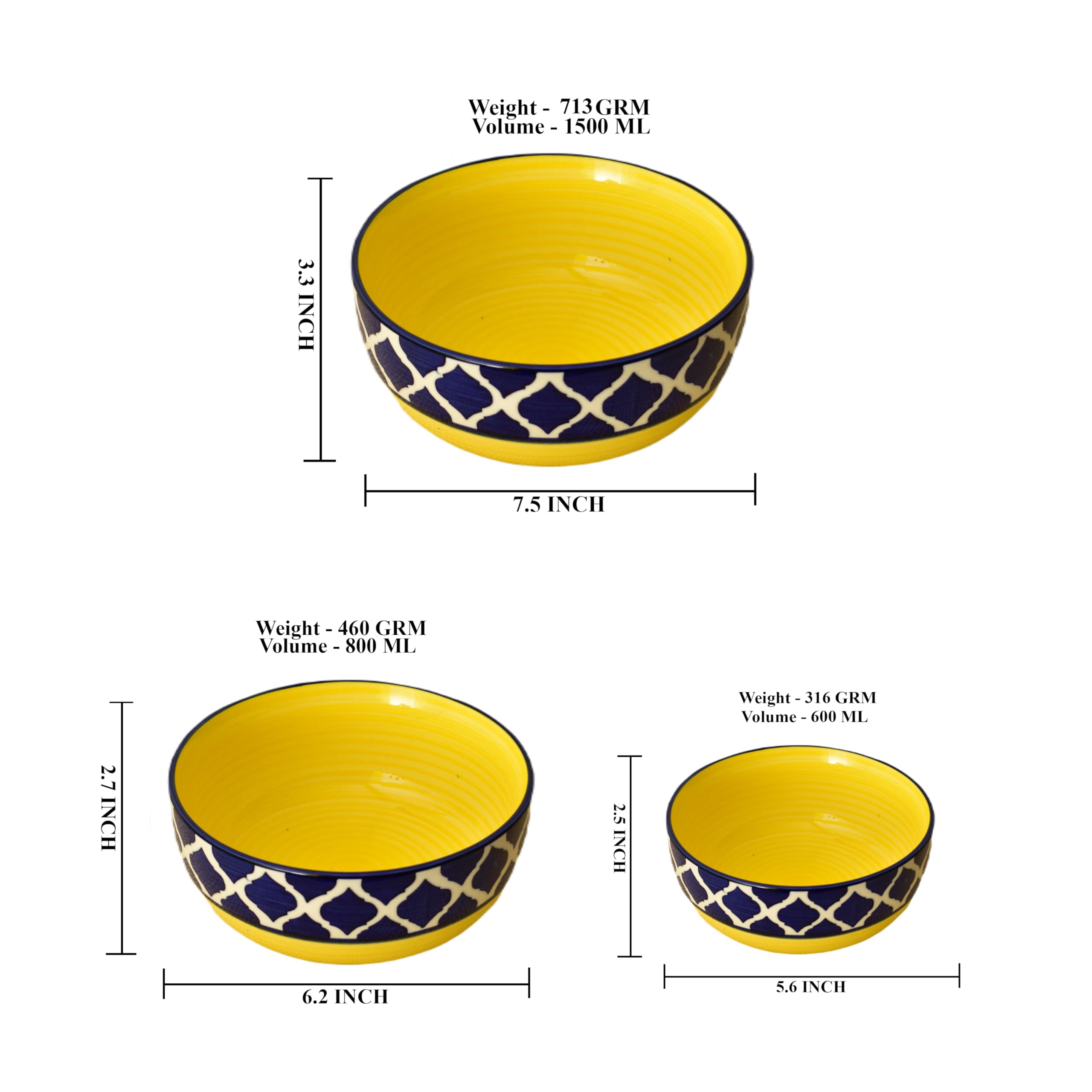 Kunhar Ceramic Mixing Bowls, Soup Bowl, Salad Bowl, Bowl for Snacks, Microwave Safe, Dishwasher Safe - 1500 Ml, 800 Ml and 600 Ml, 3 Pieces, Yello Blue Chidi