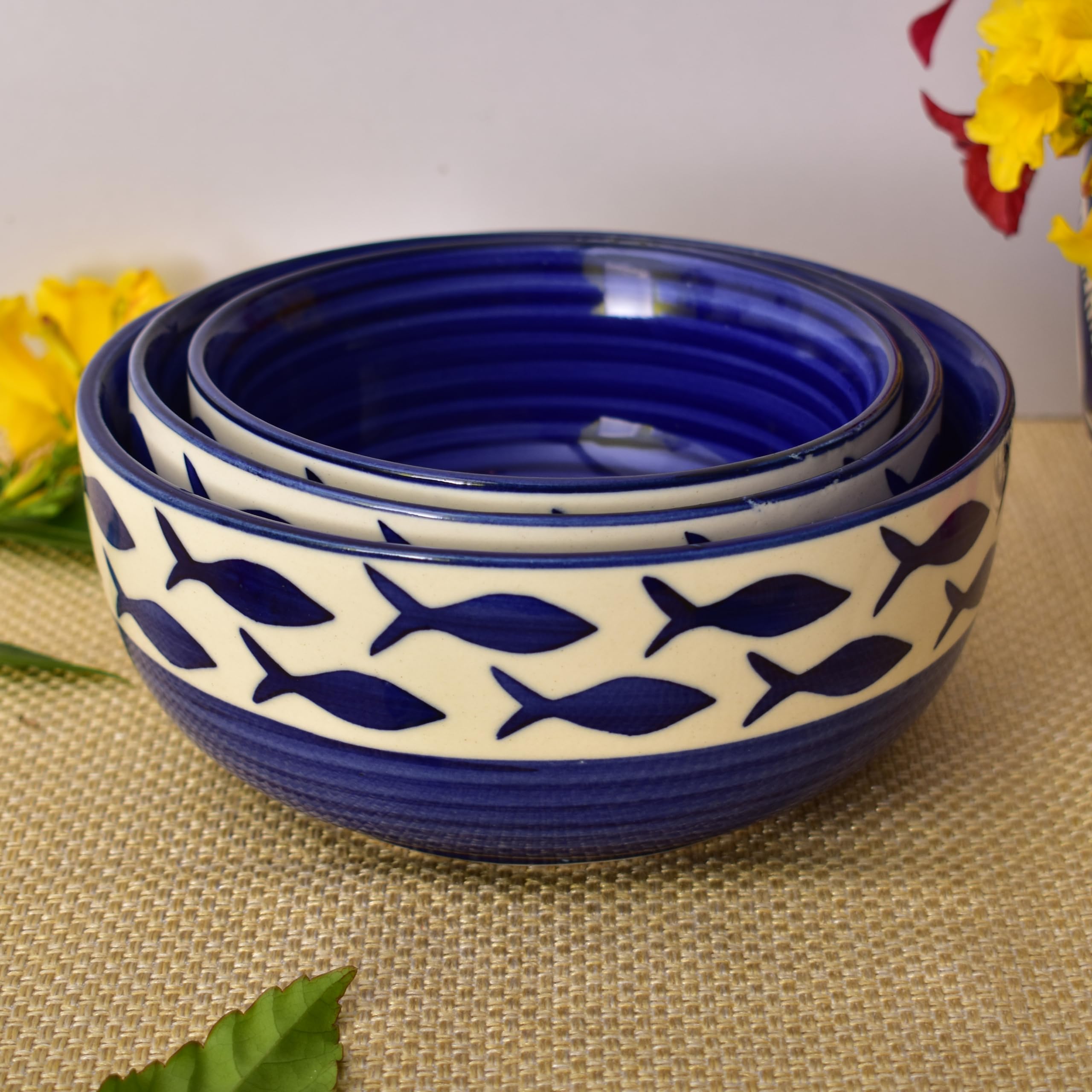 Kunhar Ceramic Mixing Bowls, Soup Bowl, Salad Bowl, Bowl for Snacks, Microwave Safe, Dishwasher Safe - 1500 Ml, 800 Ml and 600 Ml, 3 Pieces, Dark Indigo