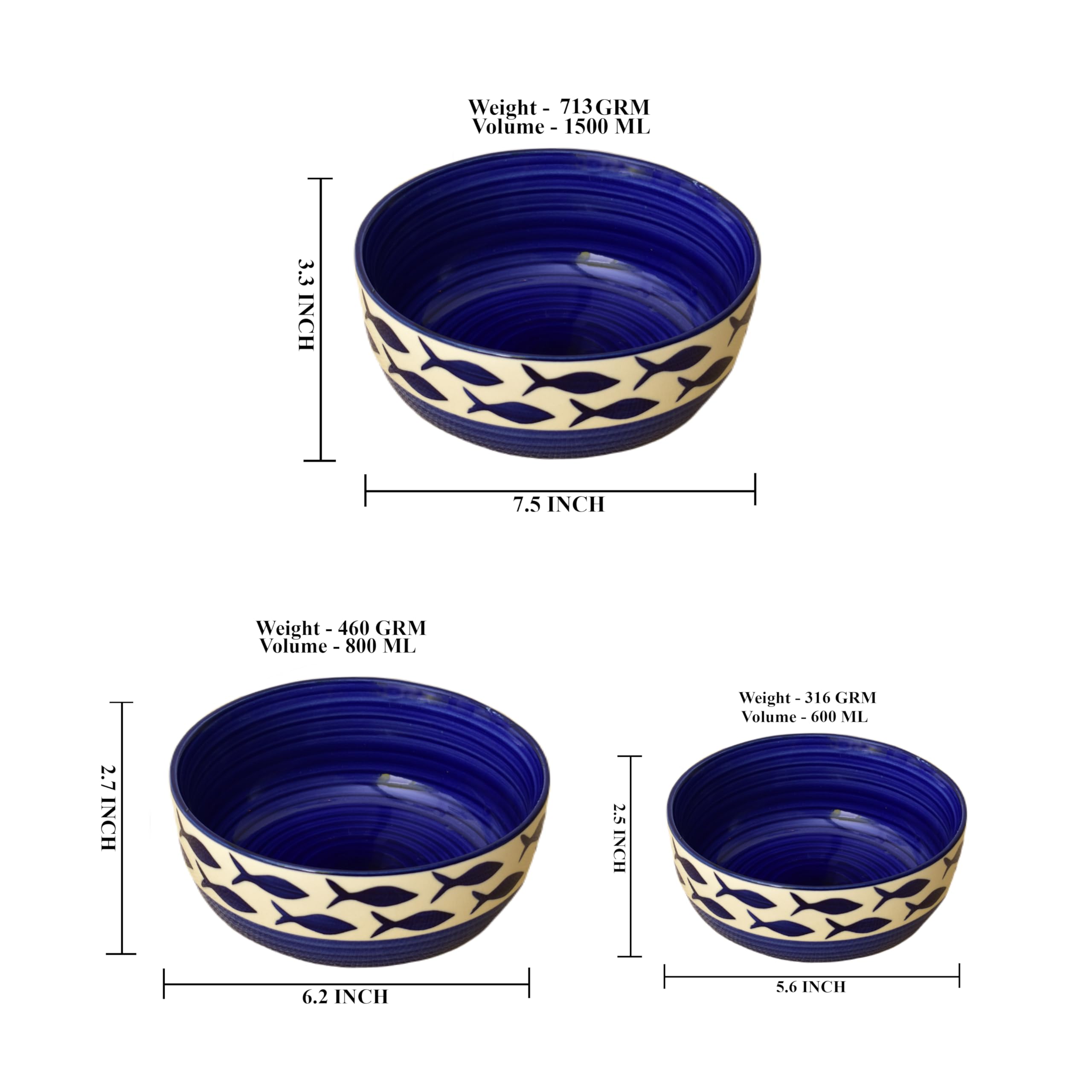 Kunhar Ceramic Mixing Bowls, Soup Bowl, Salad Bowl, Bowl for Snacks, Microwave Safe, Dishwasher Safe - 1500 Ml, 800 Ml and 600 Ml, 3 Pieces, Dark Indigo