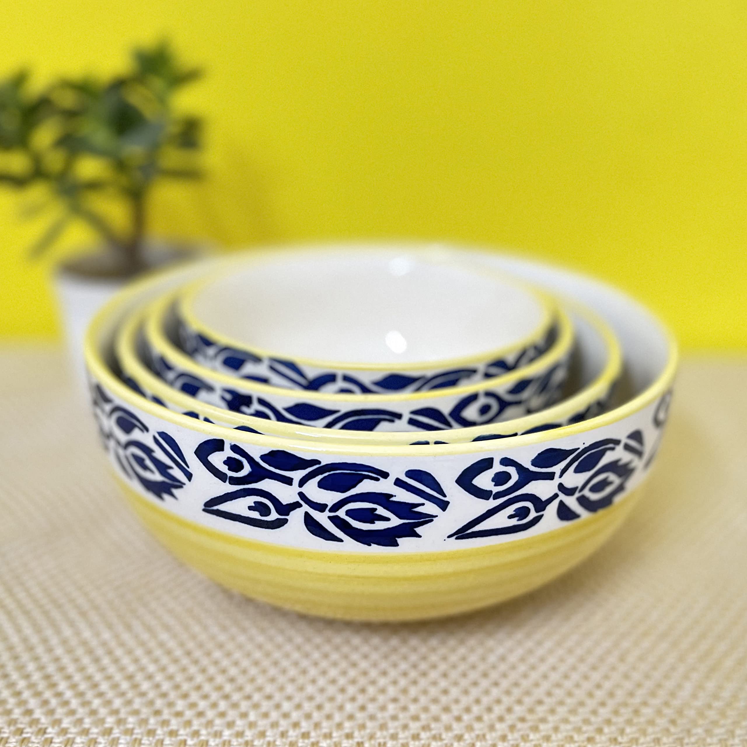 Kunhar Ceramic Mixing Bowl Set – 4 Pieces (1500ml, 800ml, 600ml, 400ml), Blue Flower Yellow – Durable, Microwave & Dishwasher Safe – Ideal for Mixing, Serving & Storage