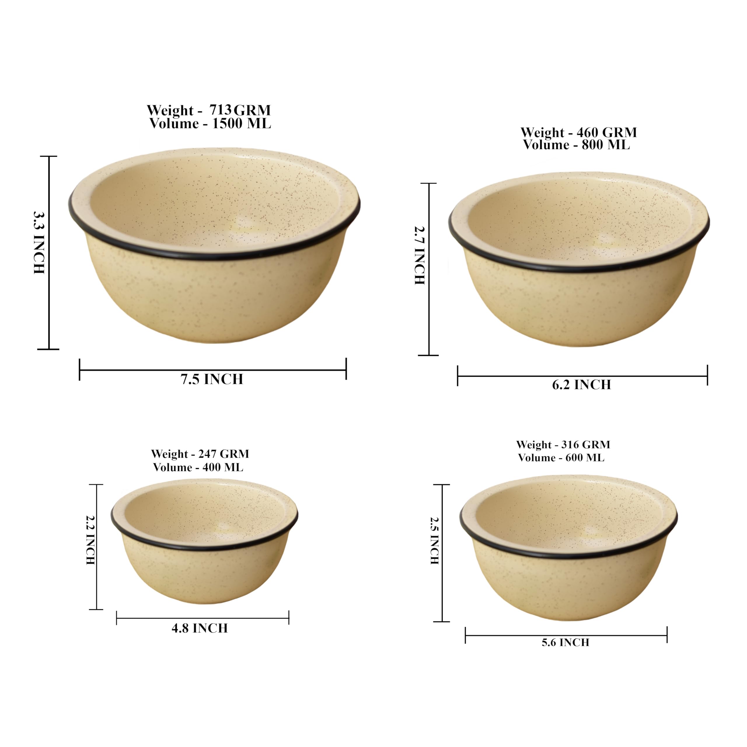 Kunhar Ceramic Mixing Bowls, Soup Bowl, Salad Bowl, Bowl for Snacks, Microwave Safe, Dishwasher Safe - 1500 Ml, 800 Ml, 600 Ml and 400 Ml, 4 Pieces, White Matte Black Border