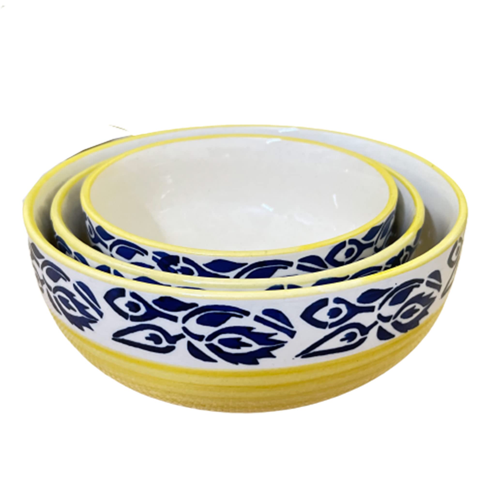 Kunhar Ceramic Mixing Bowls - 800 Ml, 600 Ml and 400 Ml, 3 Pieces, Blue Flower Yellow