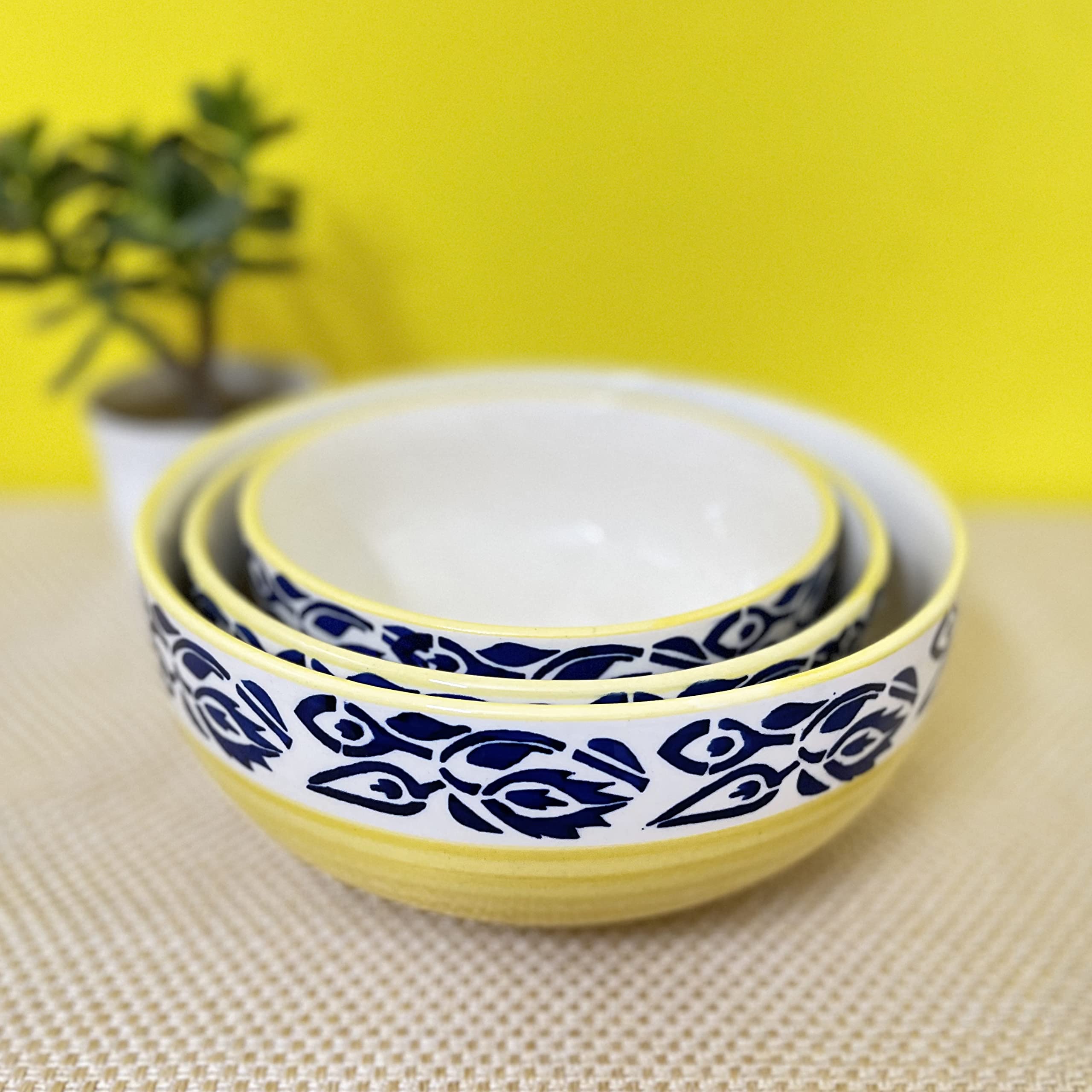 Kunhar Ceramic Mixing Bowls - 800 Ml, 600 Ml and 400 Ml, 3 Pieces, Blue Flower Yellow
