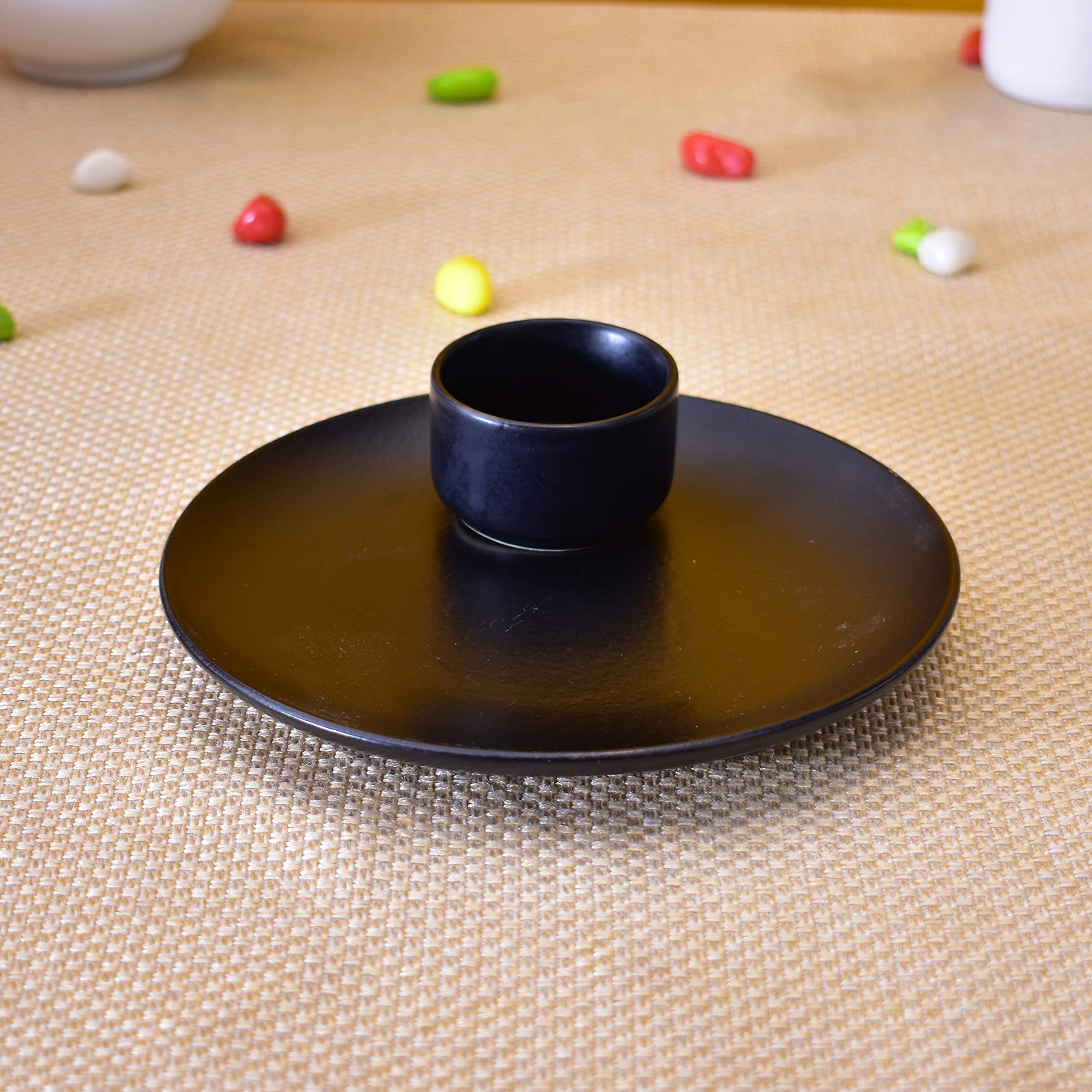 Kunhar Ceramic Plate 10 Inch with Serving Chutney Bowl,Black