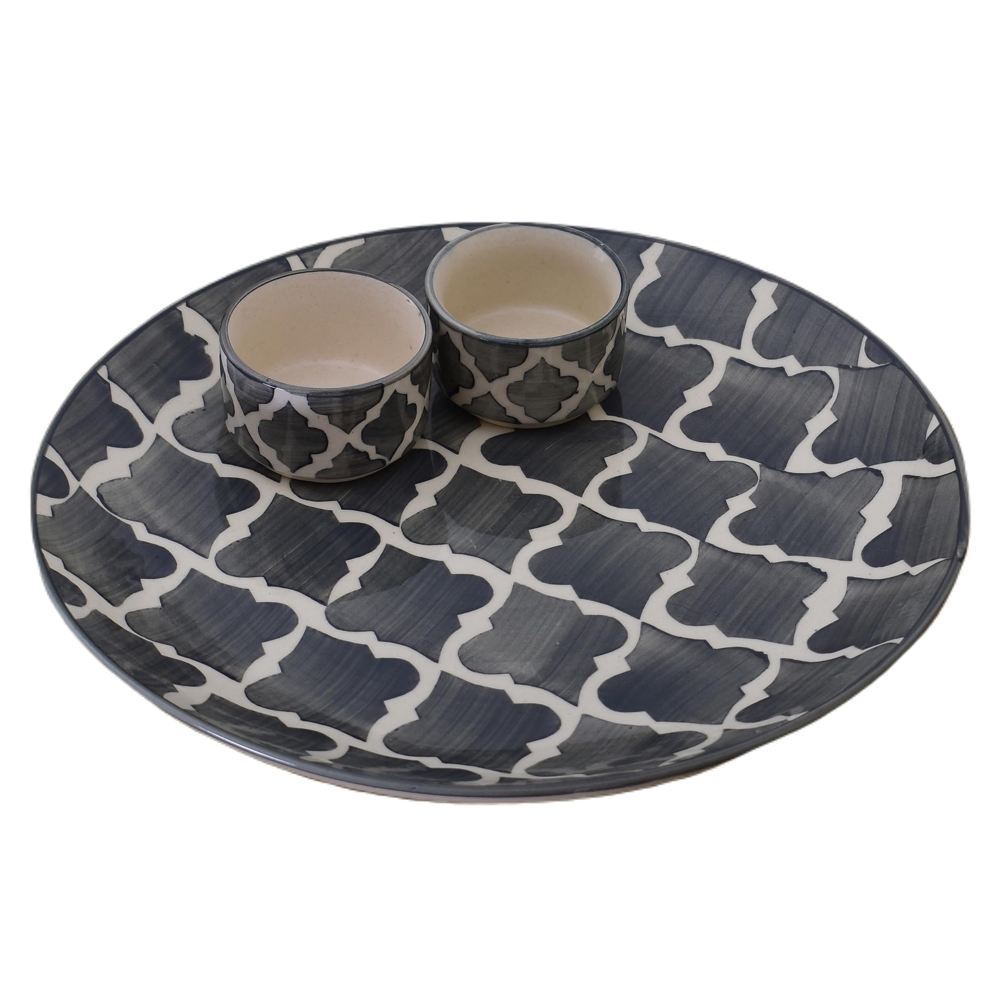 Kunhar Ceramic Plate with Serving Chutney Bowls, 1 Piece of Plate and 2 Pieces of Bowls, Grey