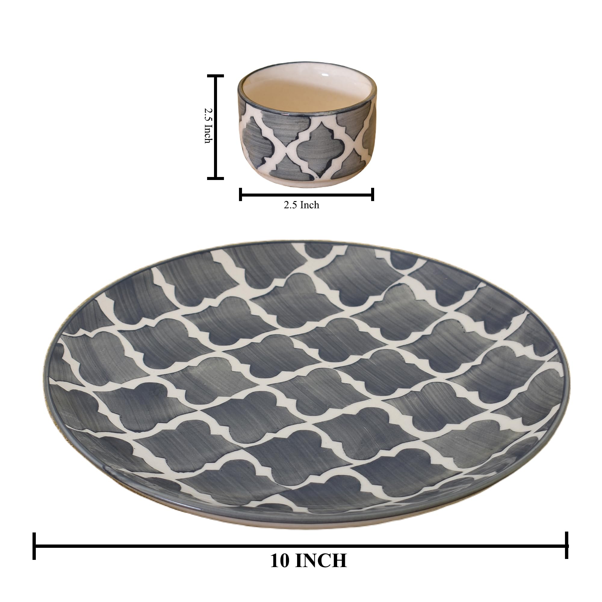 Kunhar Ceramic Plate with Serving Chutney Bowls, 1 Piece of Plate and 2 Pieces of Bowls, Grey