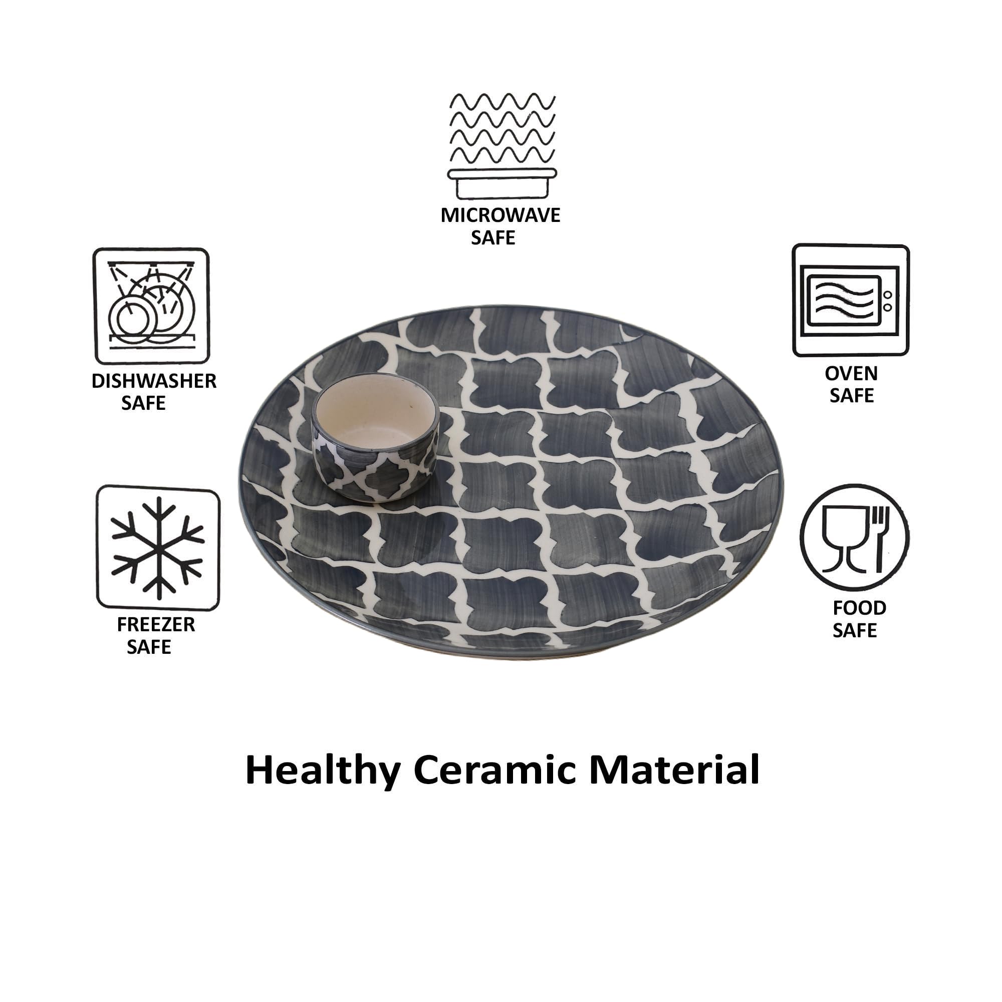 Kunhar Ceramic Plate with Serving Chutney Bowls, 1 Piece of Plate and 2 Pieces of Bowls, Grey