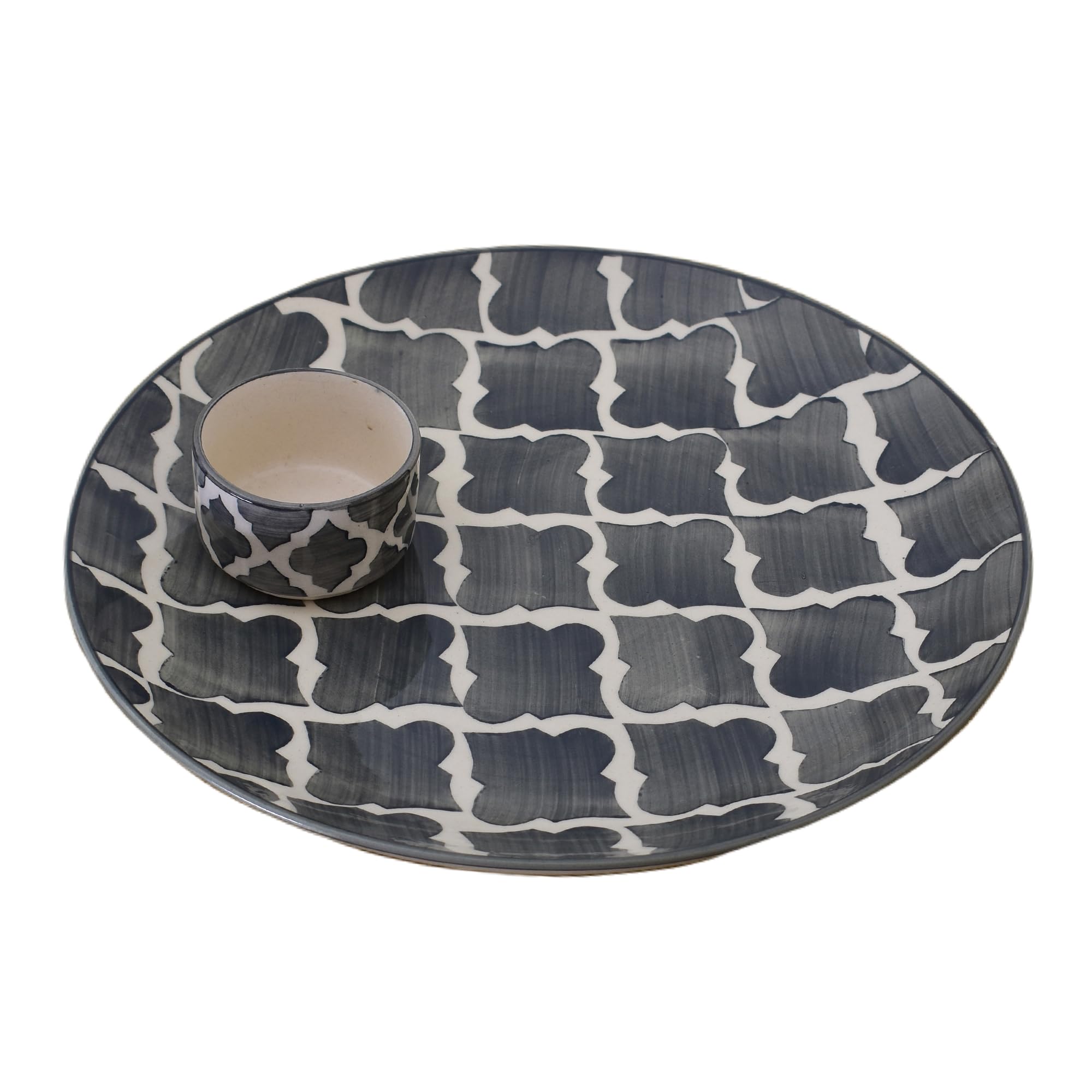Kunhar Ceramic Plate with Serving Chutney Bowls, 1 Piece of Plate and 1 Piece of Bowl, Grey