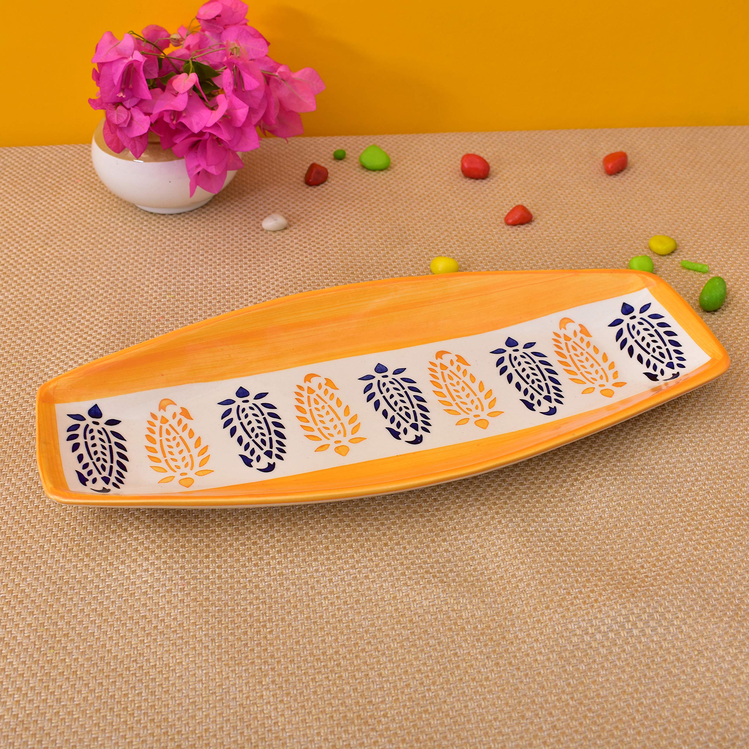 Kunhar Ceramic Platter Pizza Plate with Serving Chutney Bowl; Round Serving Plate for Snacks & Appetizers, Handcrafted Ceramic Plate