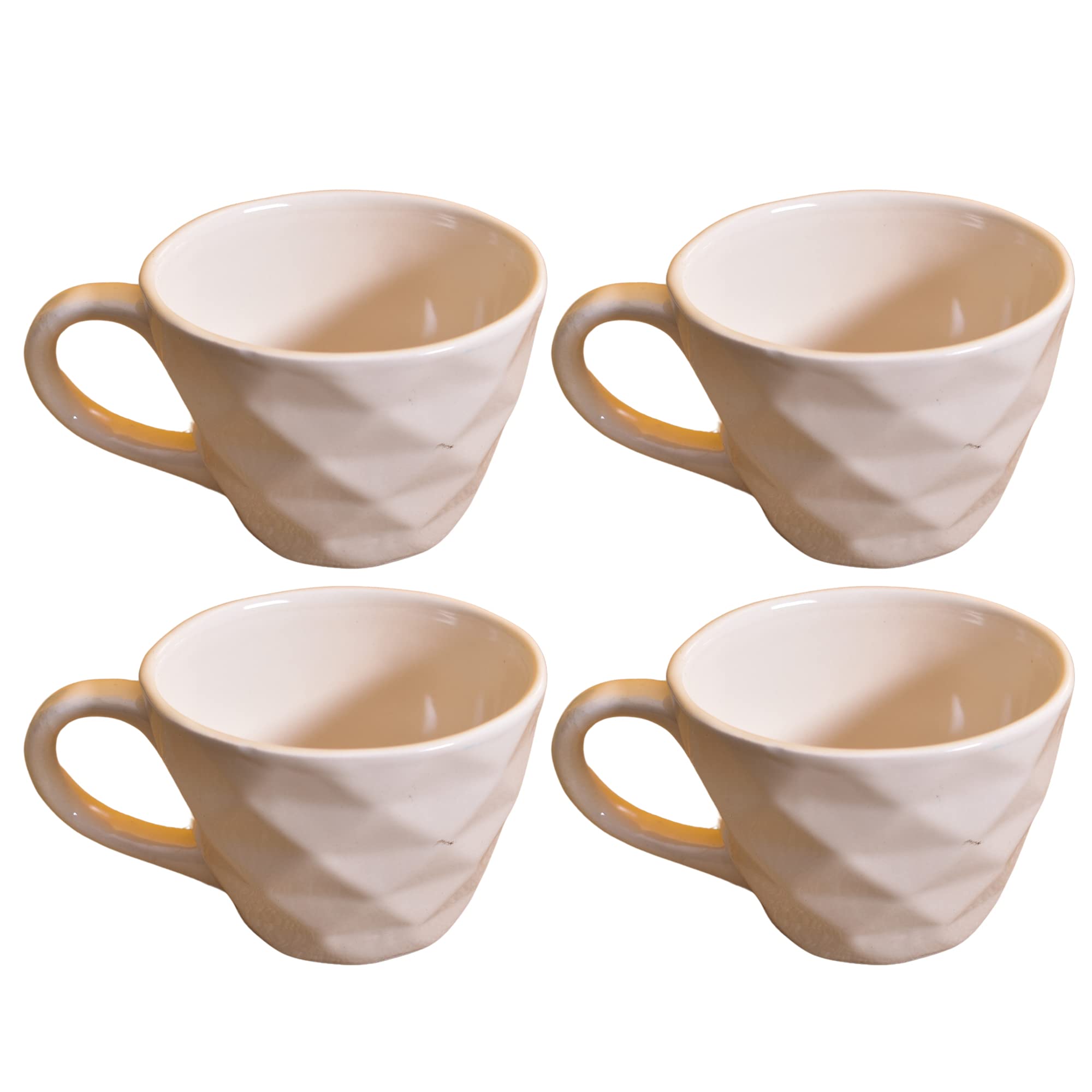 Kunhar Ceramic Diamond Shape Milk Mug, Coffee Mug, Soup Mug - 4 Pieces, Light Wheat, 250ml