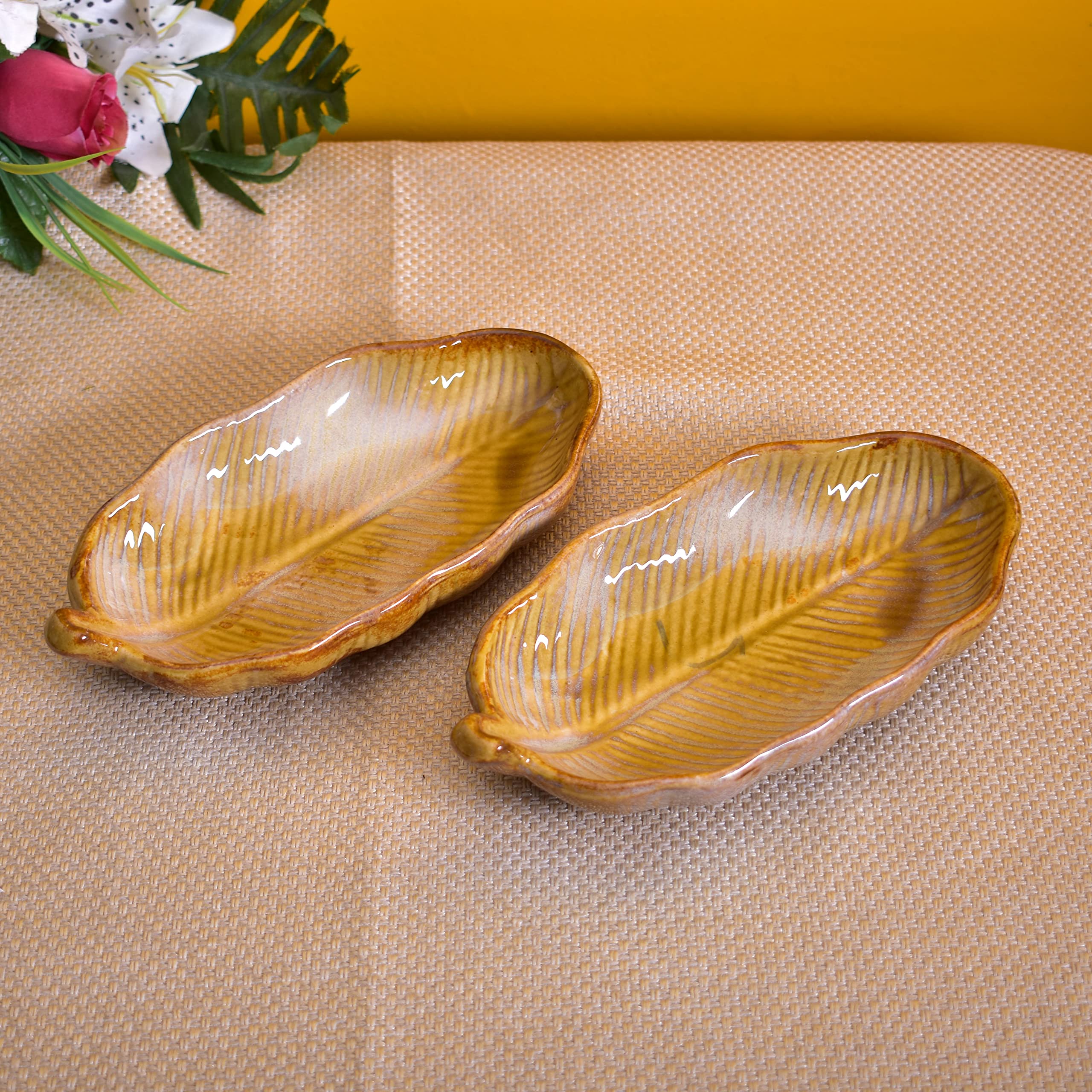 Kunhar Glazed Studio Pottery Ceramic Platter, 2 Pieces, Buttered Rum (4.2 Inch x 8.8 Inch)