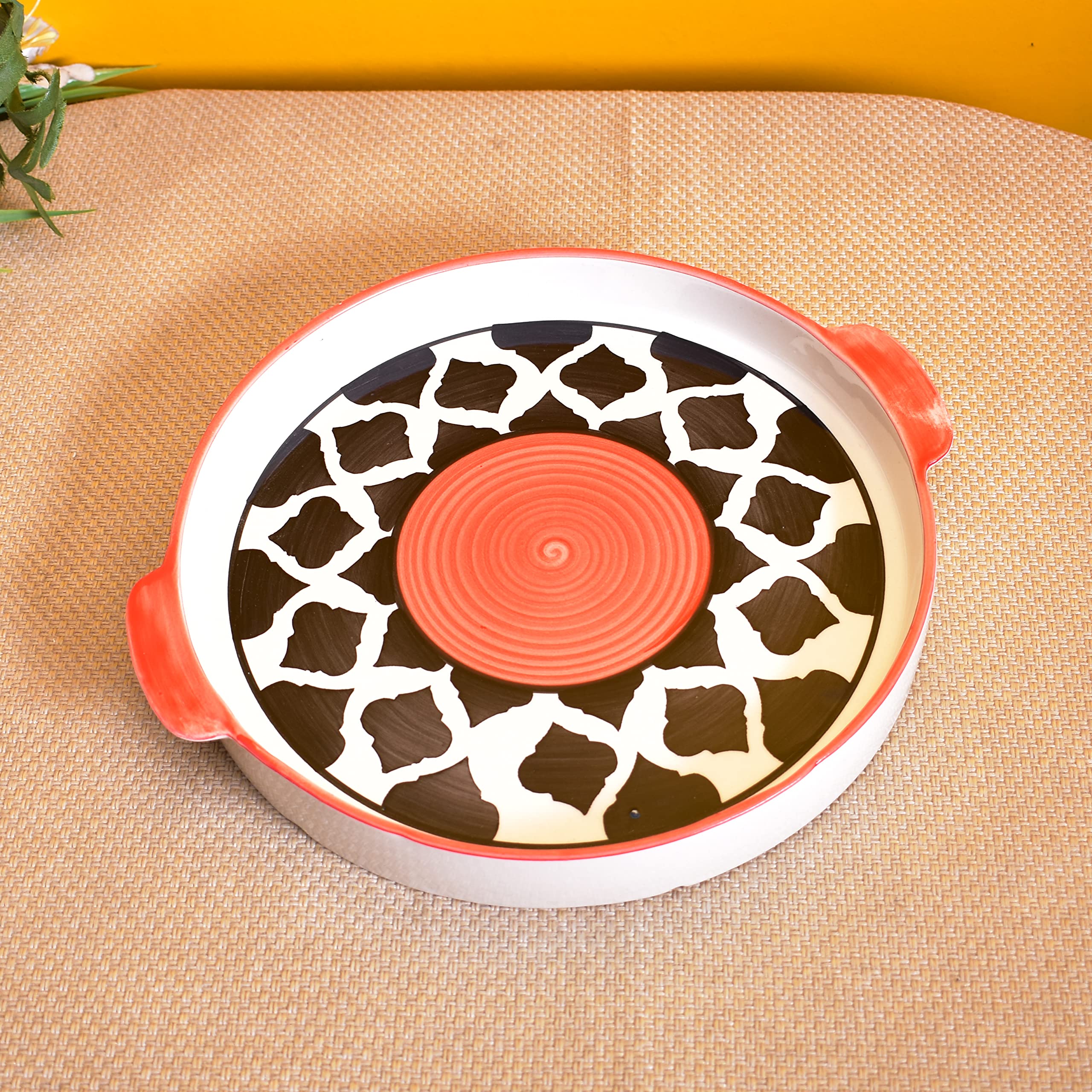 Kunhar Ceramic Snacks Serving Tray, Pizza Plate - 1 Piece, Red Chidi, 10 Inch