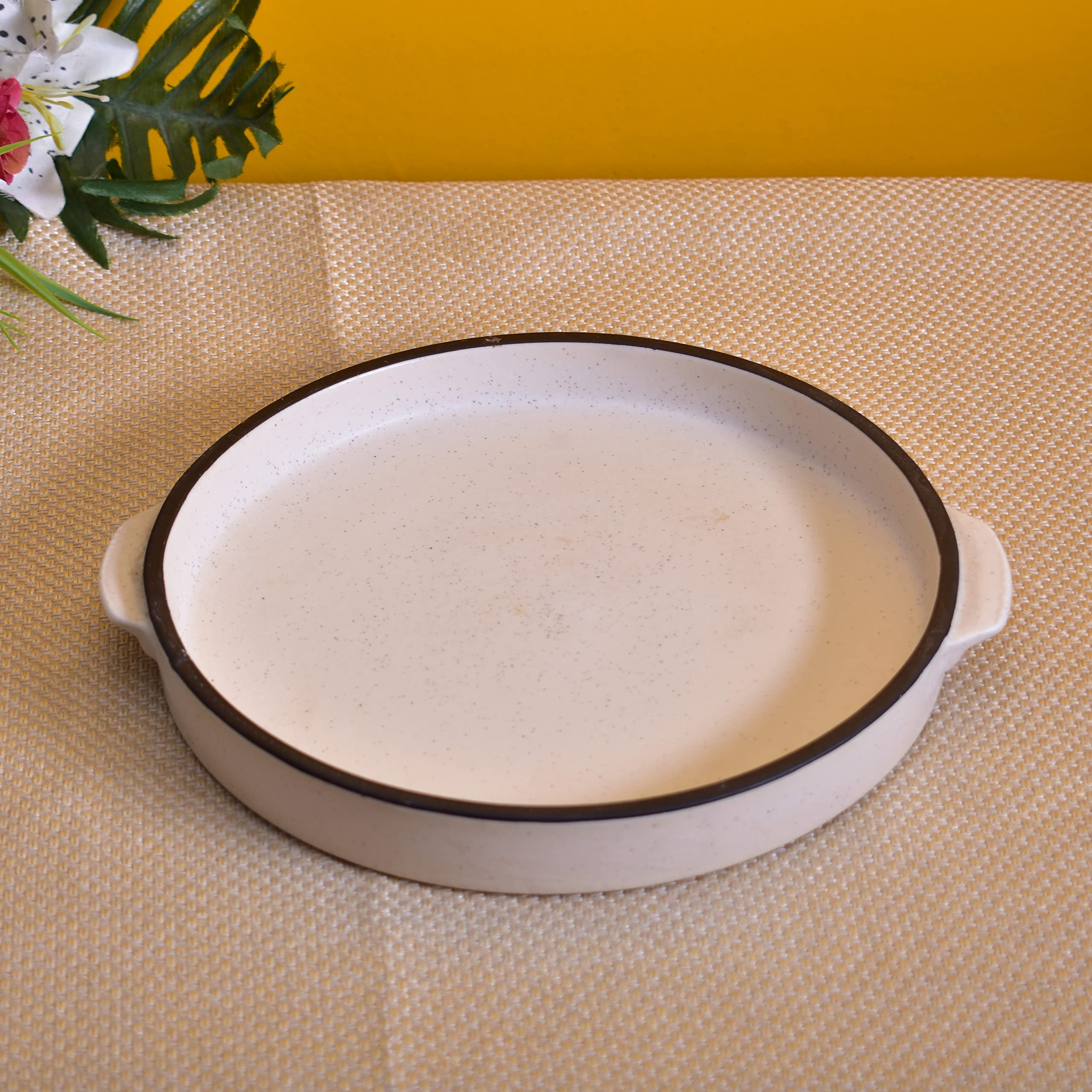 Kunhar Ceramic Snacks Serving Tray, Pizza Plate - 1 Piece, 10 Inch, White Black Border Matt Finish