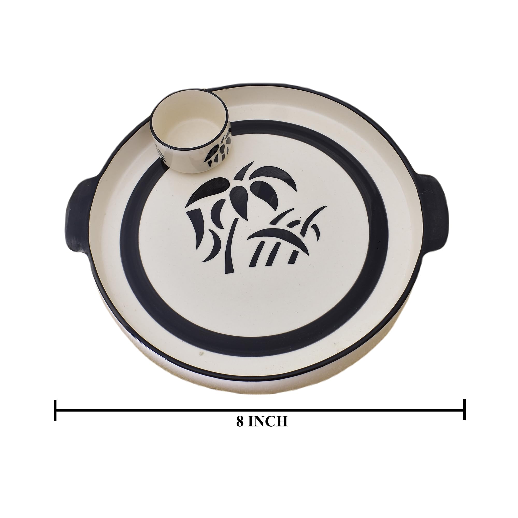 KunhaR Ceramic Platter, Pizza Plate, Round Serving Plate 8 Inch With Serving Chutney Bowl, White Tree