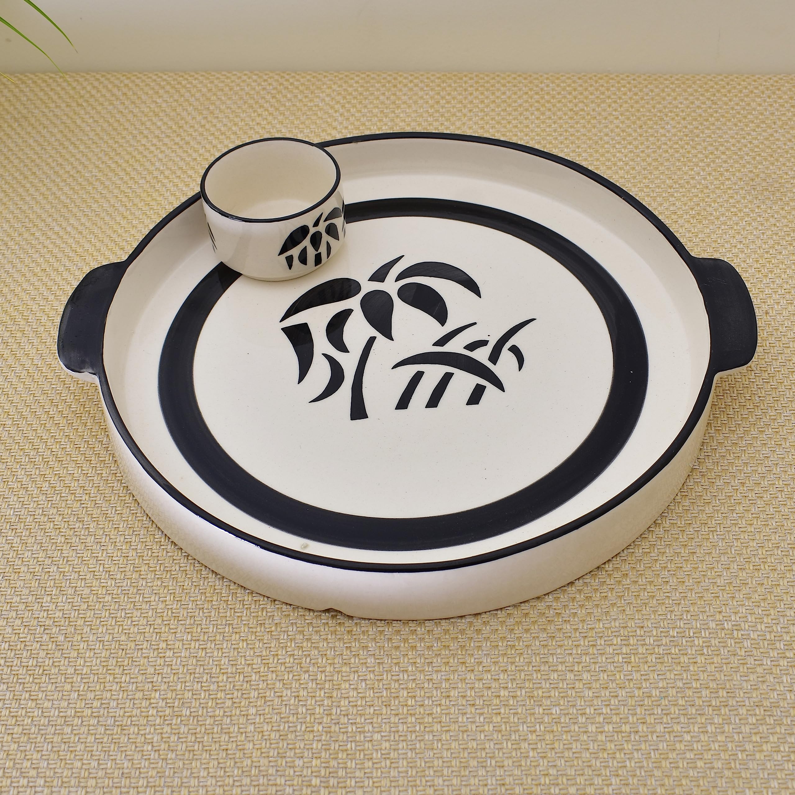 KunhaR Ceramic Platter, Pizza Plate, Round Serving Plate 8 Inch With Serving Chutney Bowl, White Tree