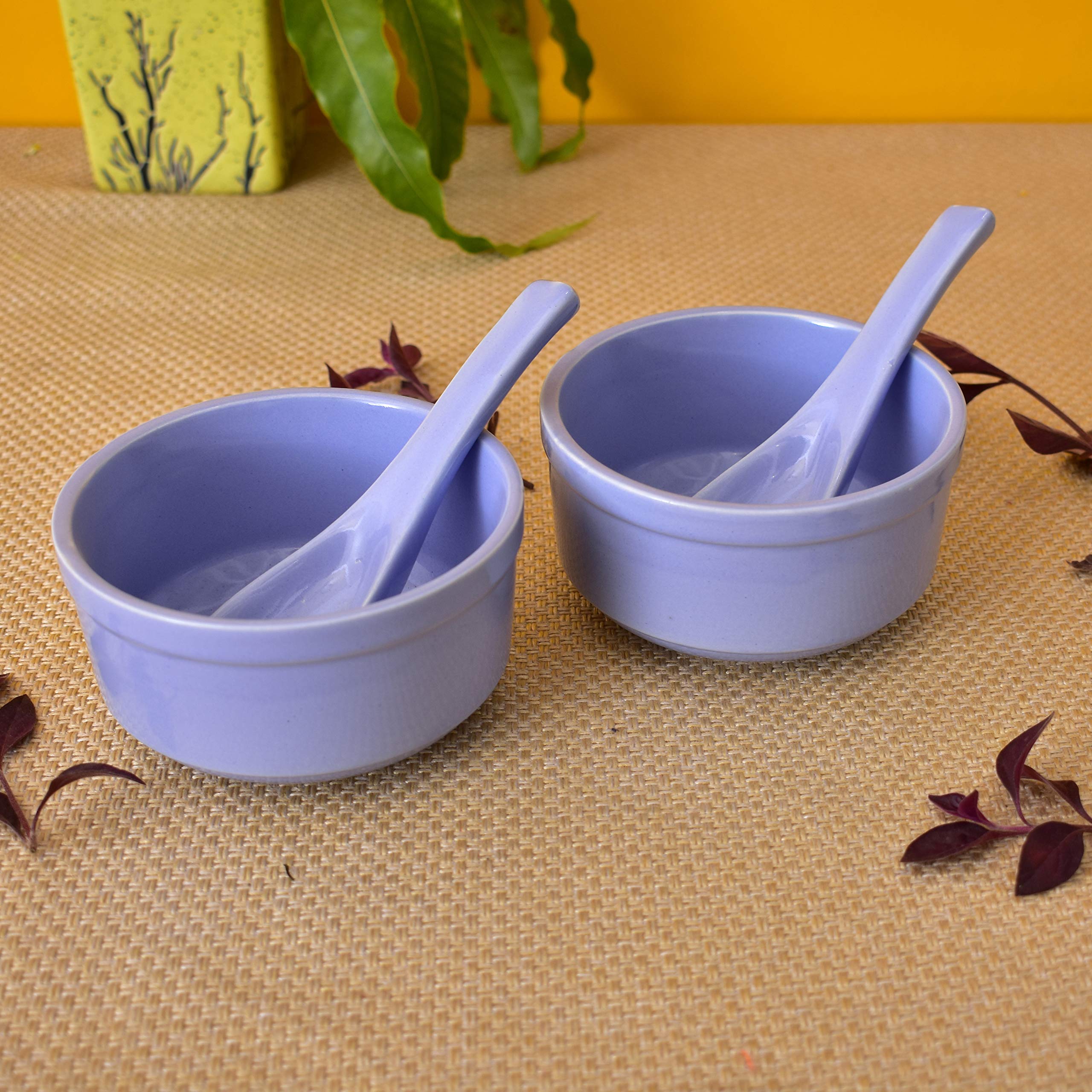 Kunhar Ceramic Bowls - 300 ML, 2 Pieces, Lavender Blue with 2 Spoon