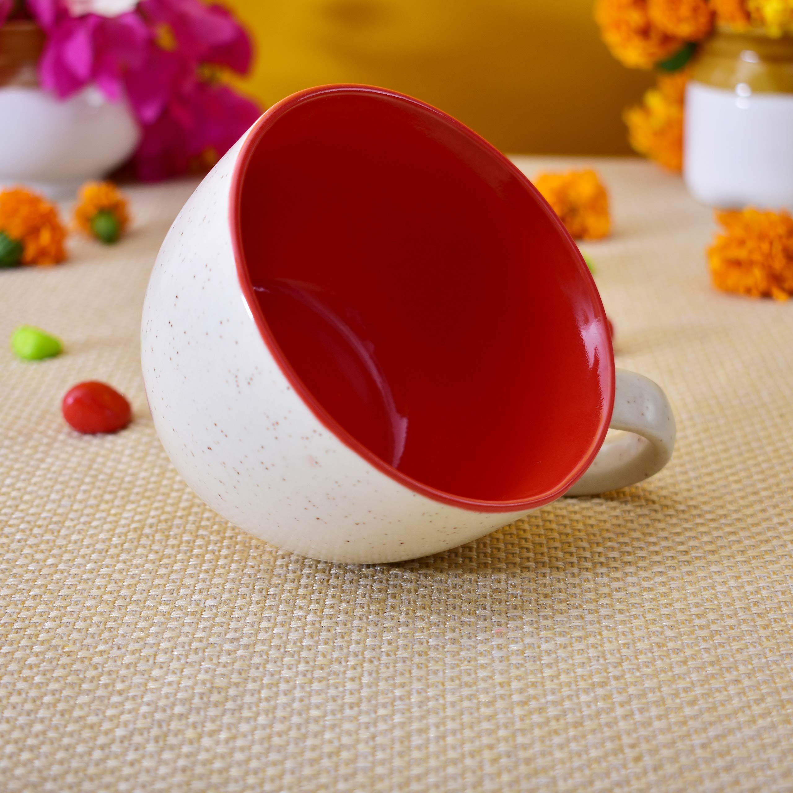 Kunhar Ceramic Soup Mug - White Red, 2 Piece, 350 ML