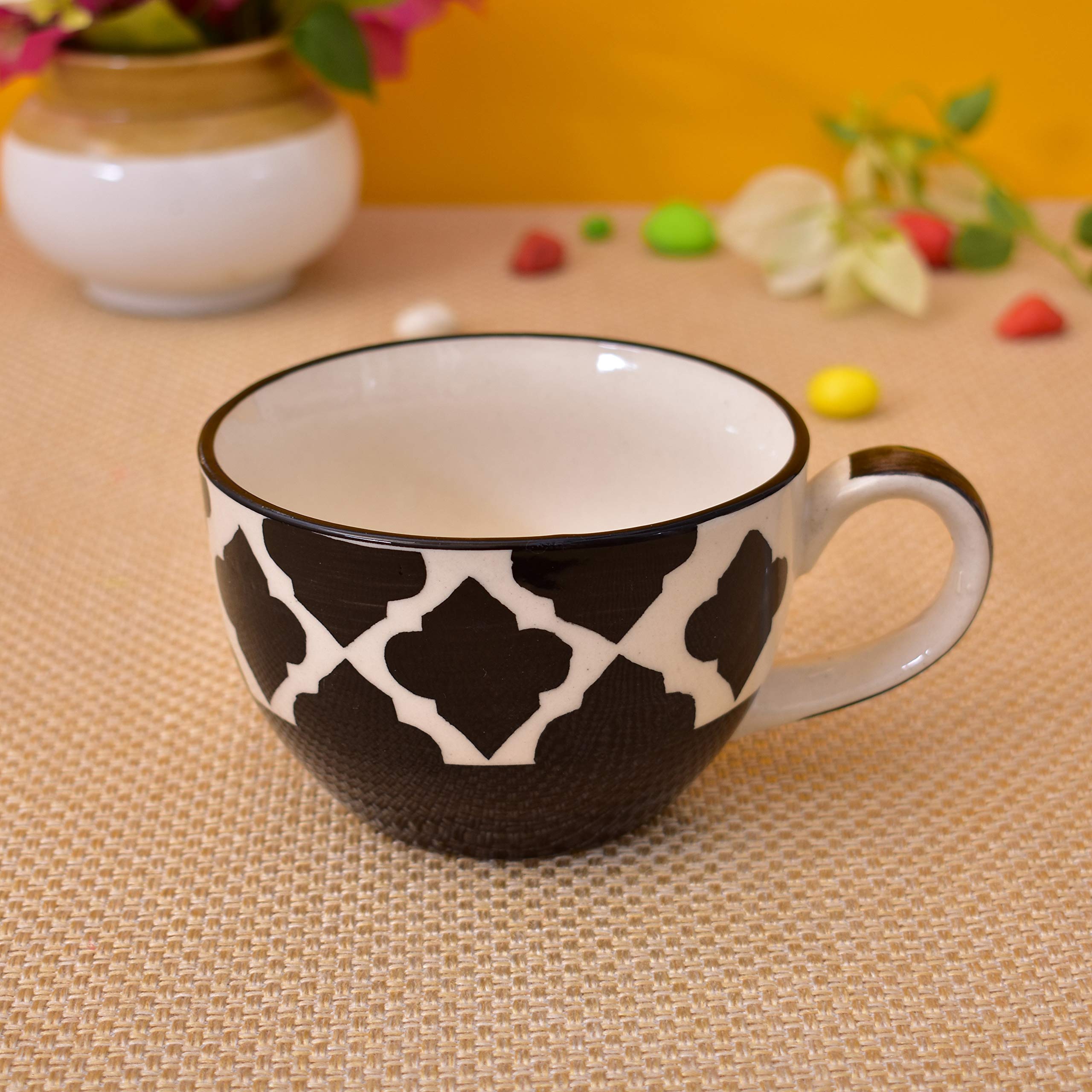 Kunhar Ceramic Soup Mug - White Black, 2 Piece, 350 ML