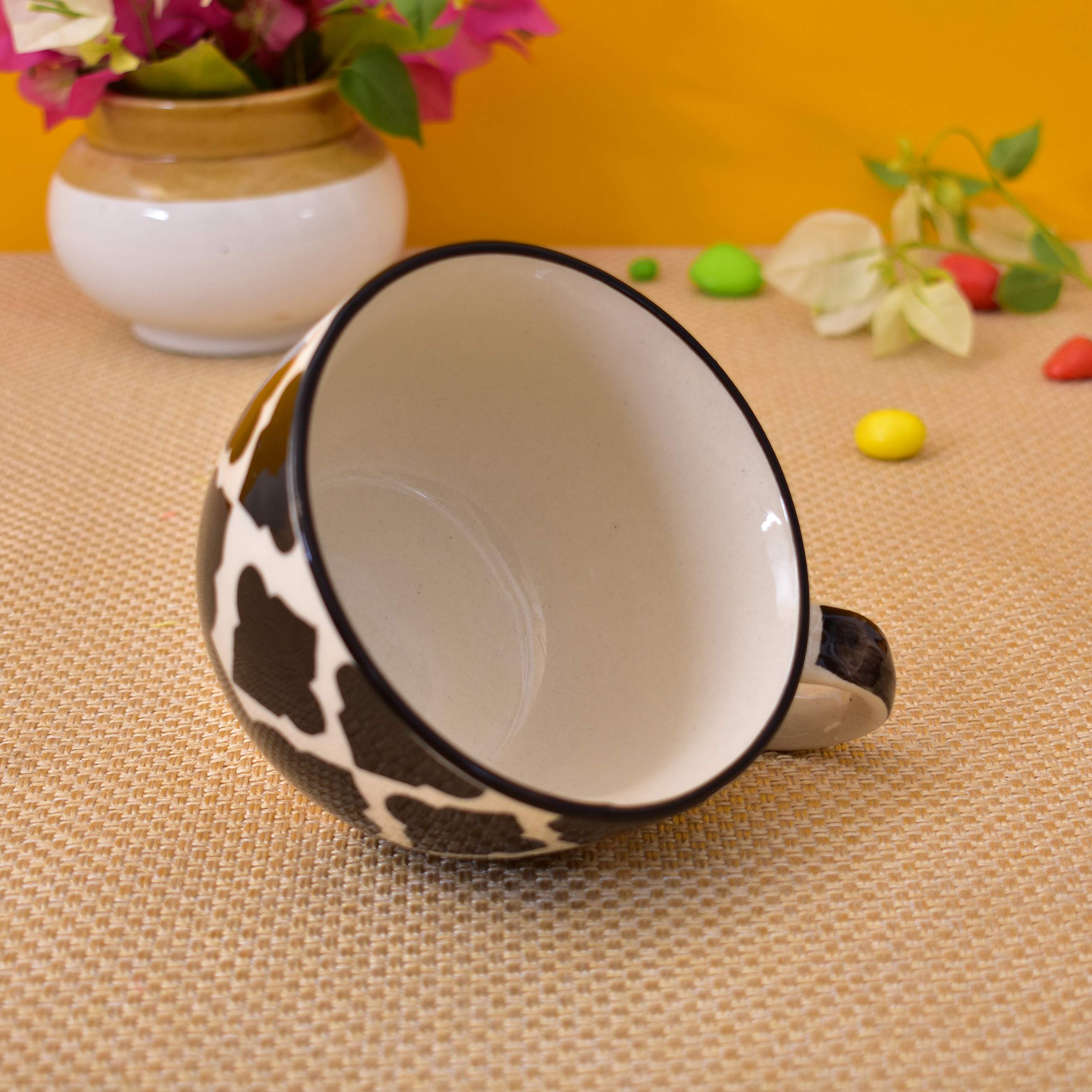 Kunhar Ceramic Soup Mug - White Black, 2 Piece, 350 ML