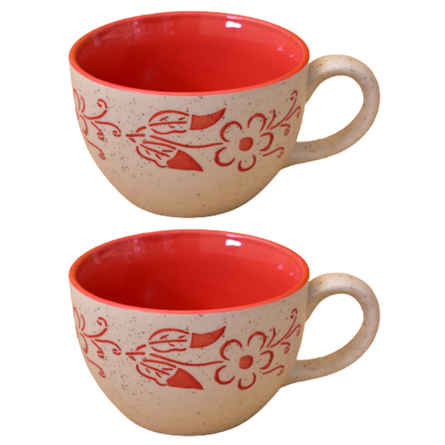 Kunhar Ceramic Soup Mug - White Red, 2 Piece, 350 ML
