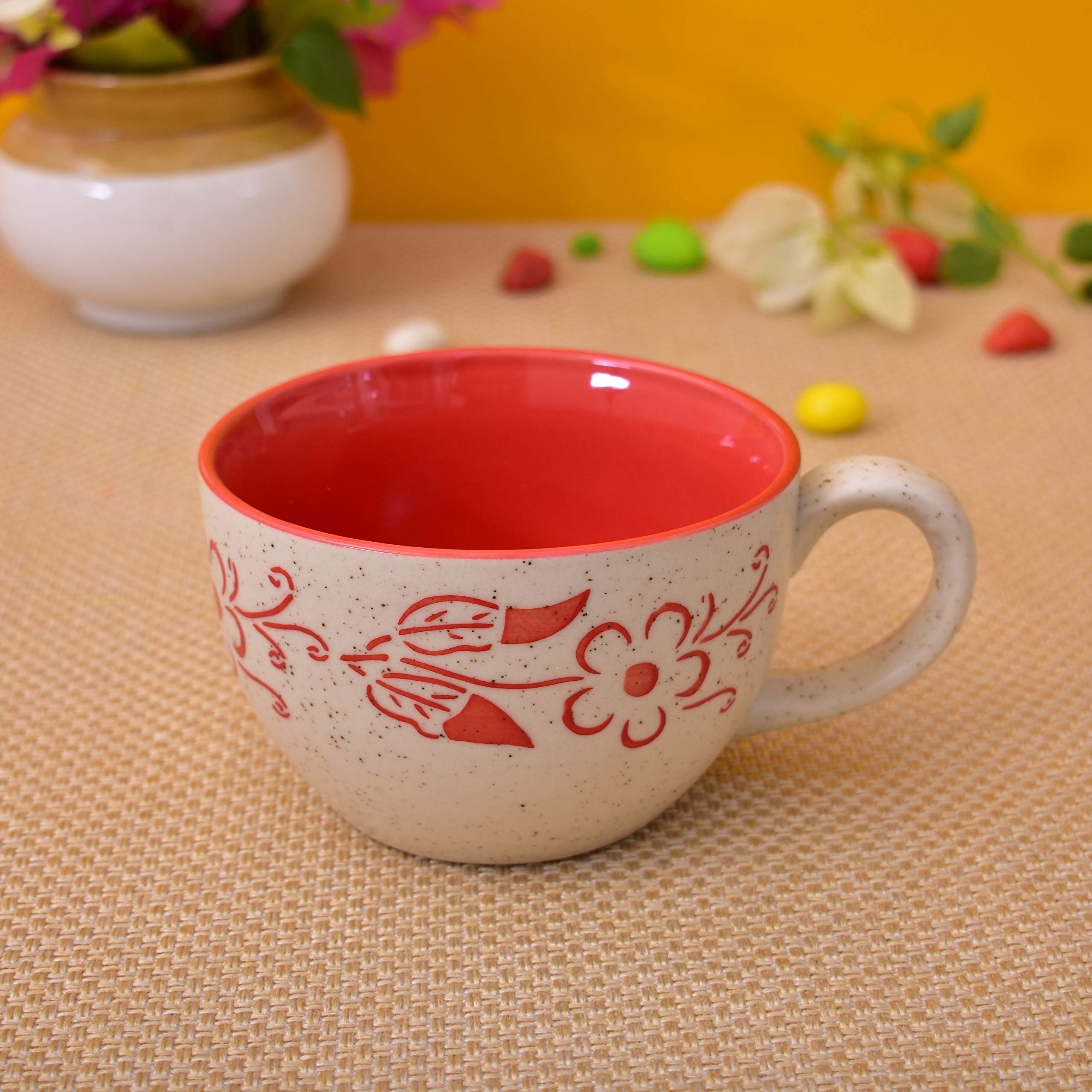 Kunhar Ceramic Soup Mug - White Red, 2 Piece, 350 ML