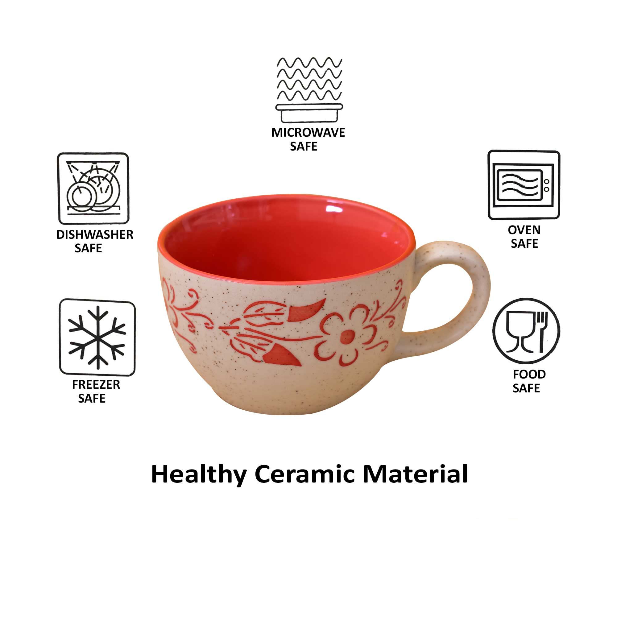 Kunhar Ceramic Soup Mug - White Red, 2 Piece, 350 ML
