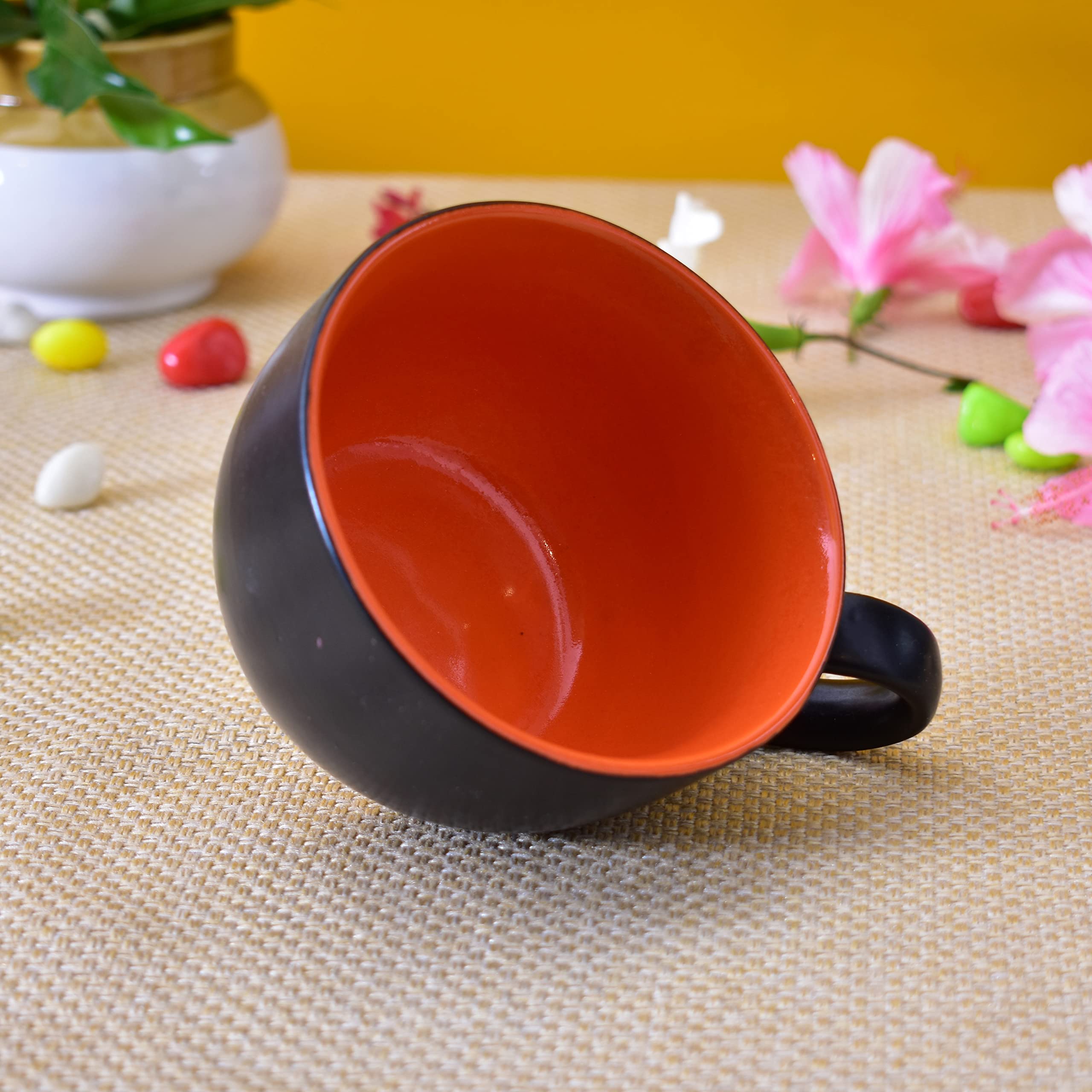 Kunhar Ceramic Soup Mug - Black Red, 2 Piece, 350 ML