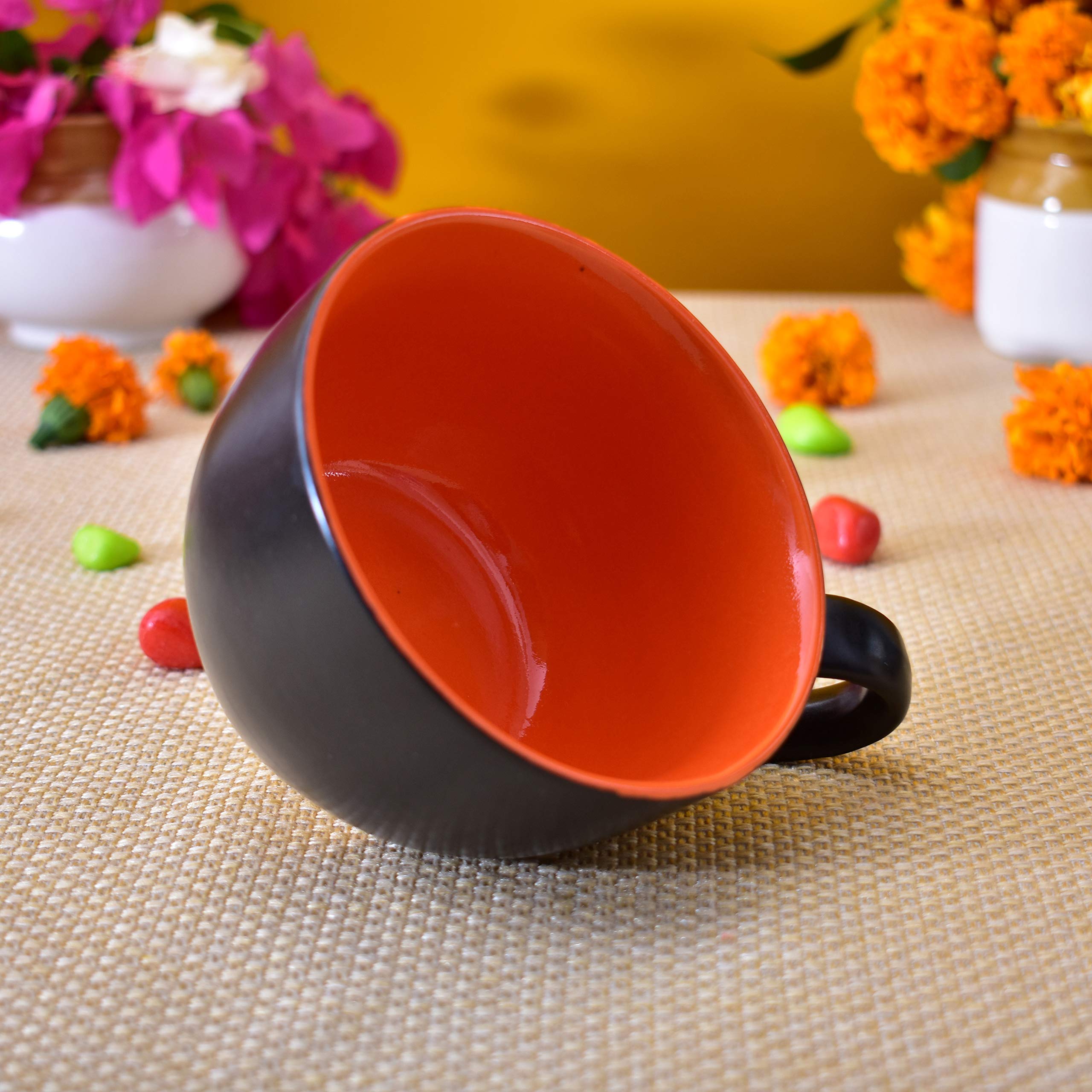 Kunhar Ceramic Soup Mug - Black Red, 2 Piece, 350 ML