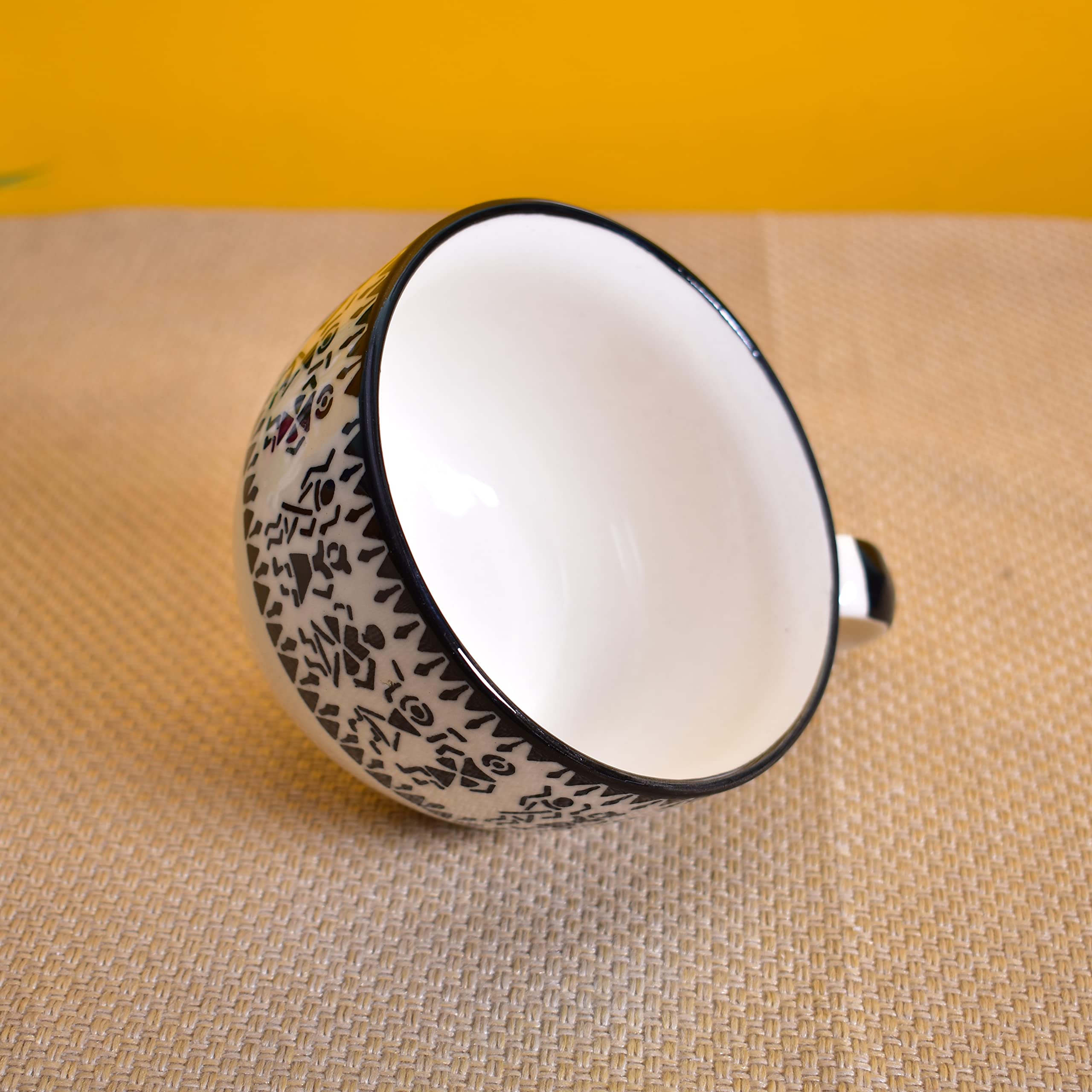 Kunhar Ceramic Soup Mug - White Warli Painting, 2 Pieces, 350 ML