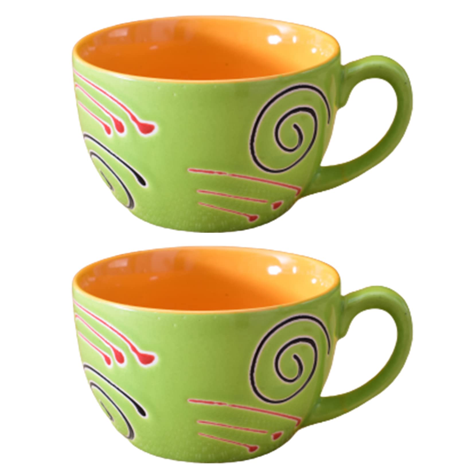 Kunhar Ceramic Soup Mug - Green Orange, 2 Piece, 350 ML
