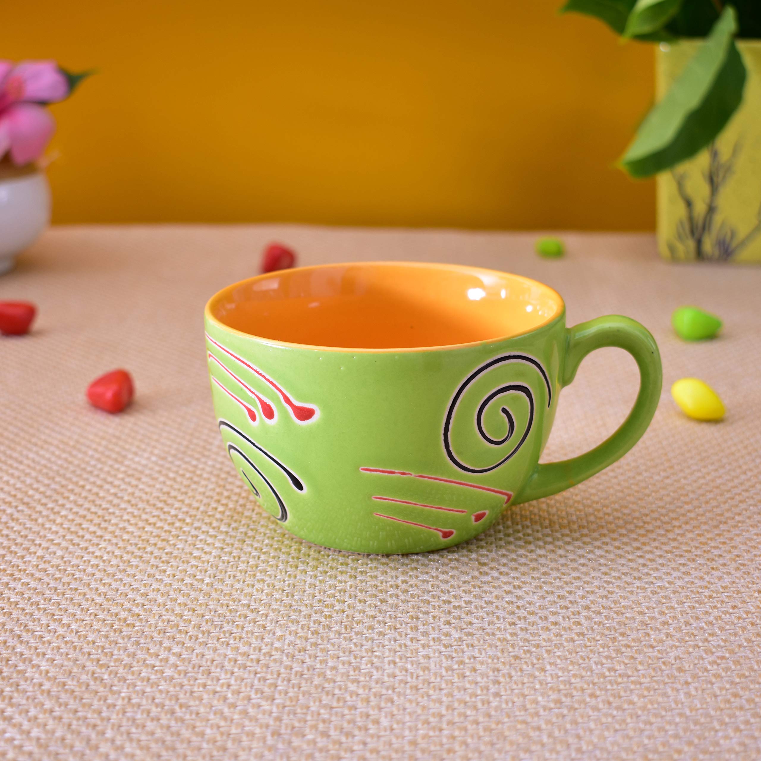 Kunhar Ceramic Soup Mug - Green Orange, 2 Piece, 350 ML