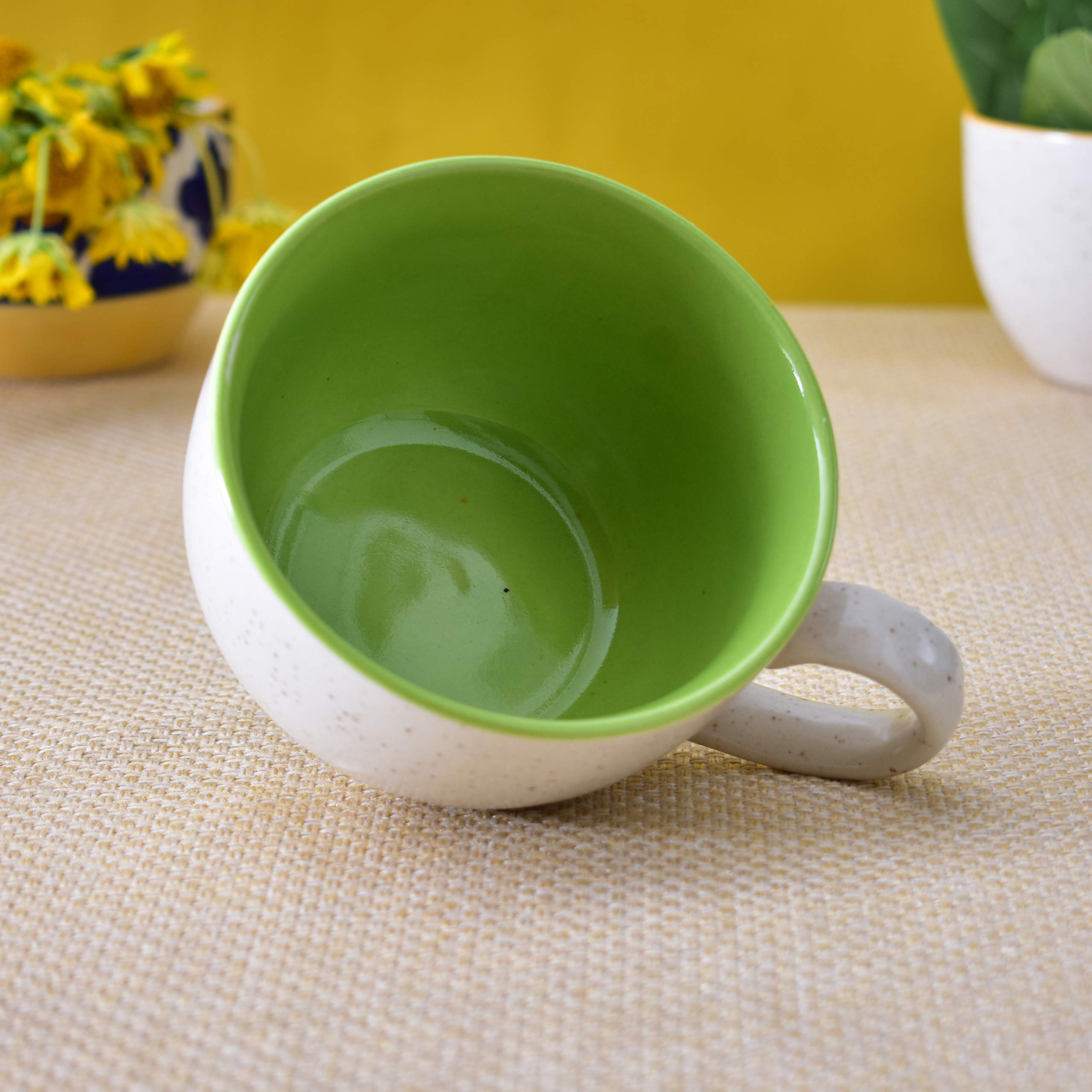 Kunhar Ceramic Soup Mug - Green Orange, 2 Piece, 350 ML