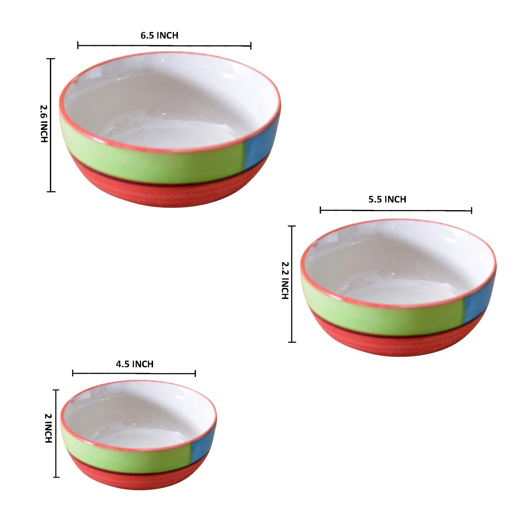 Kunhar Ceramic Mixing Bowls - 750 ML, 500 ML and 300 ML, 3 Pieces, Red