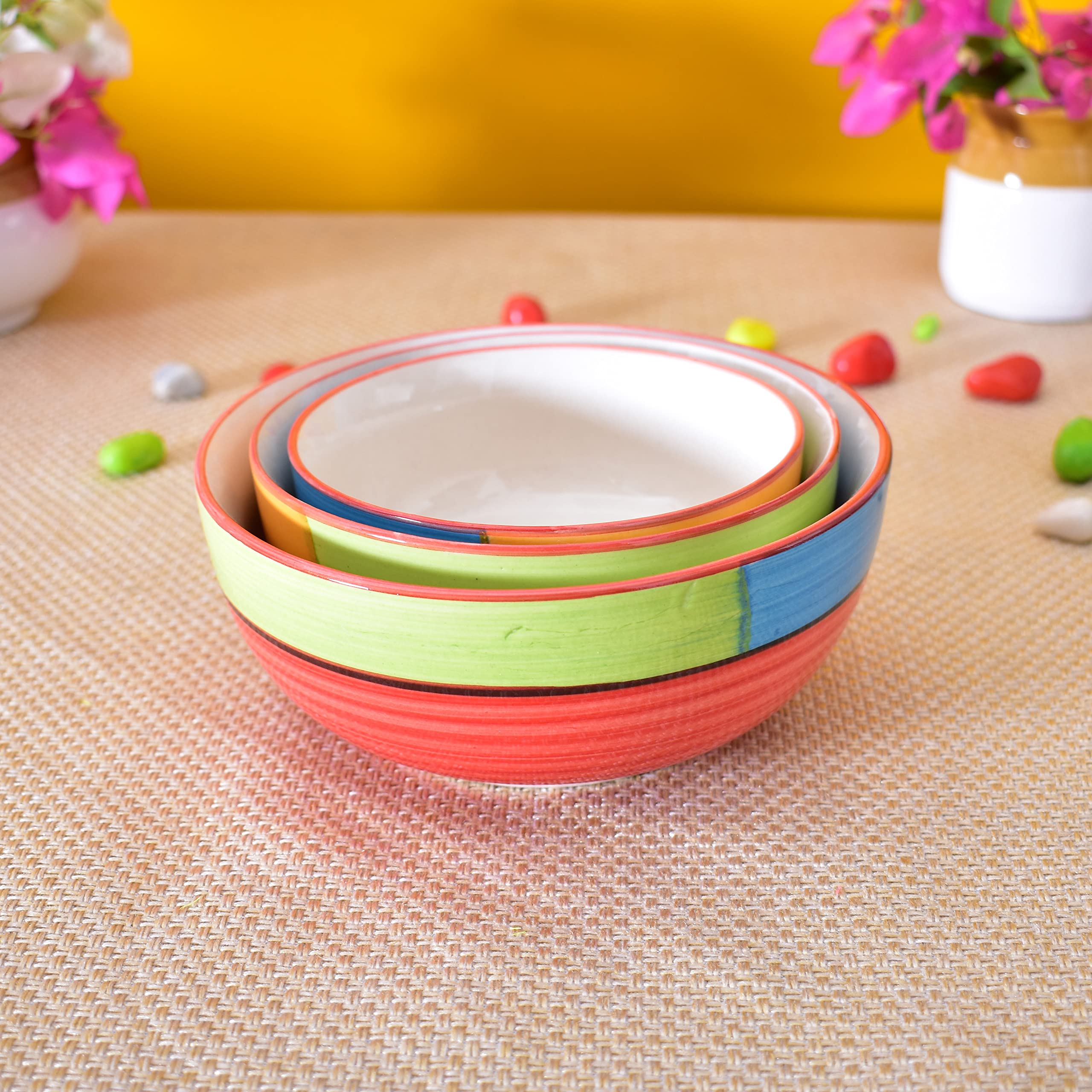 Kunhar Ceramic Mixing Bowls - 750 ML, 500 ML and 300 ML, 3 Pieces, Red