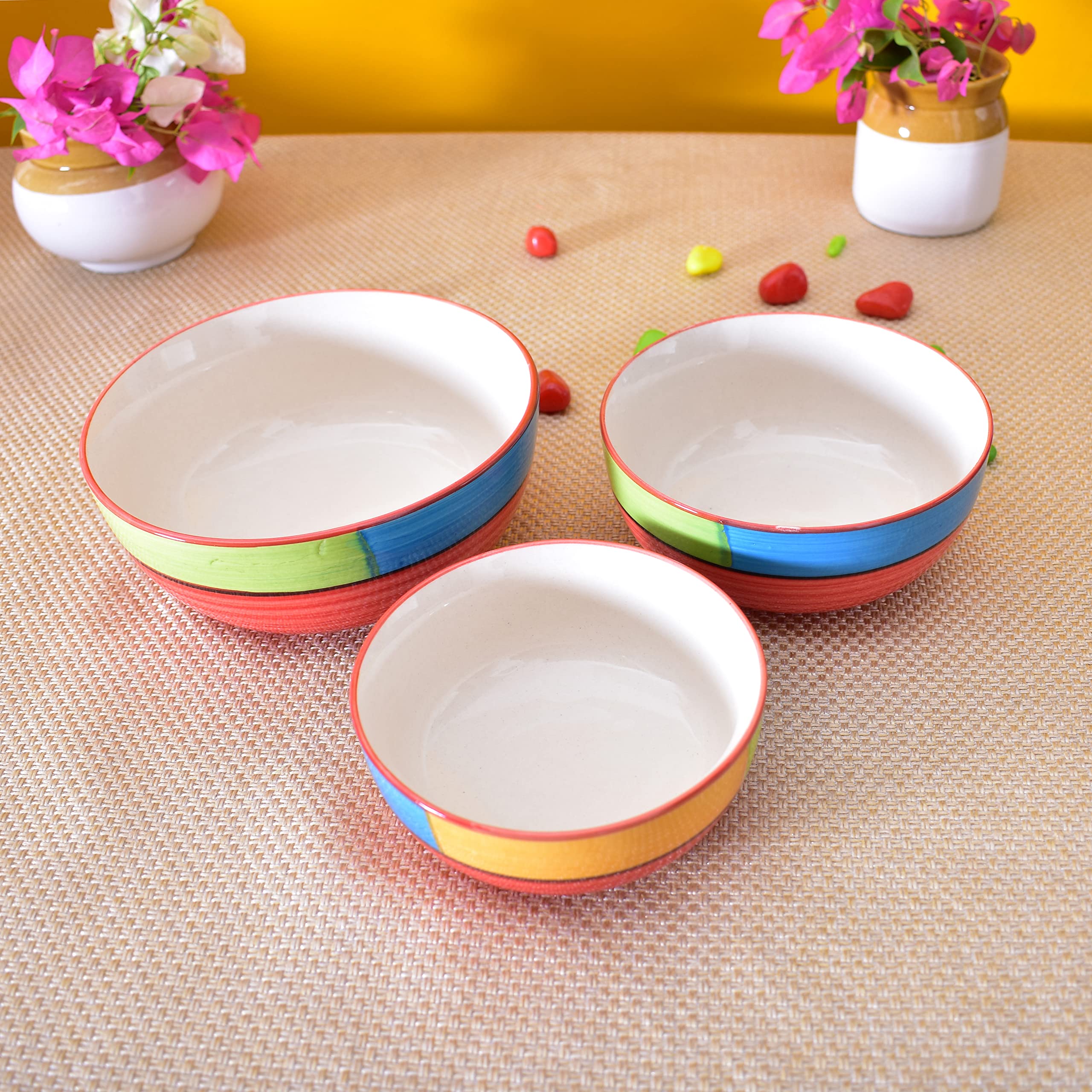 Kunhar Ceramic Mixing Bowls - 750 ML, 500 ML and 300 ML, 3 Pieces, Red