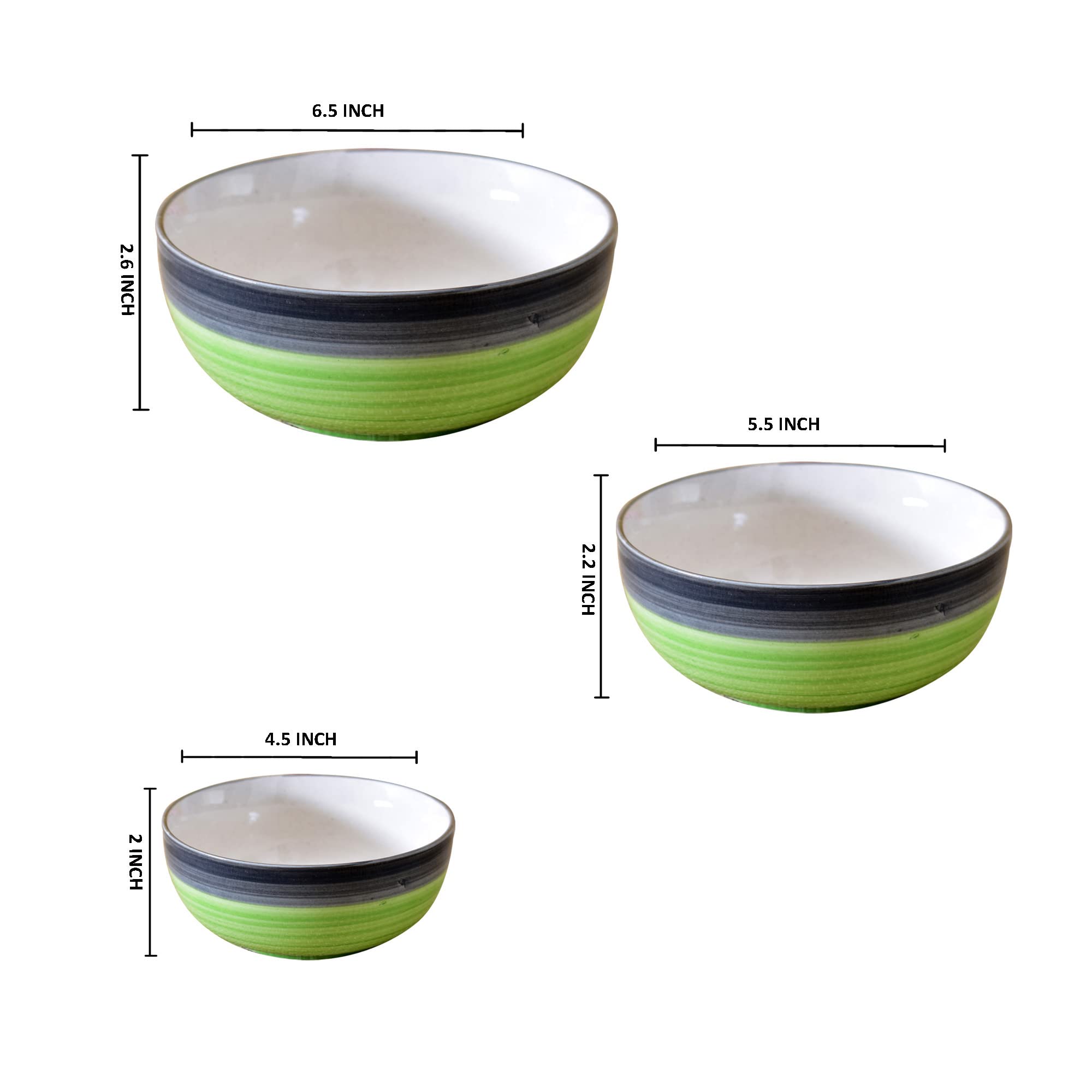 Kunhar Ceramic Mixing Bowls - 750 ML, 500 ML and 300 ML, 3 Pieces, Green Gray