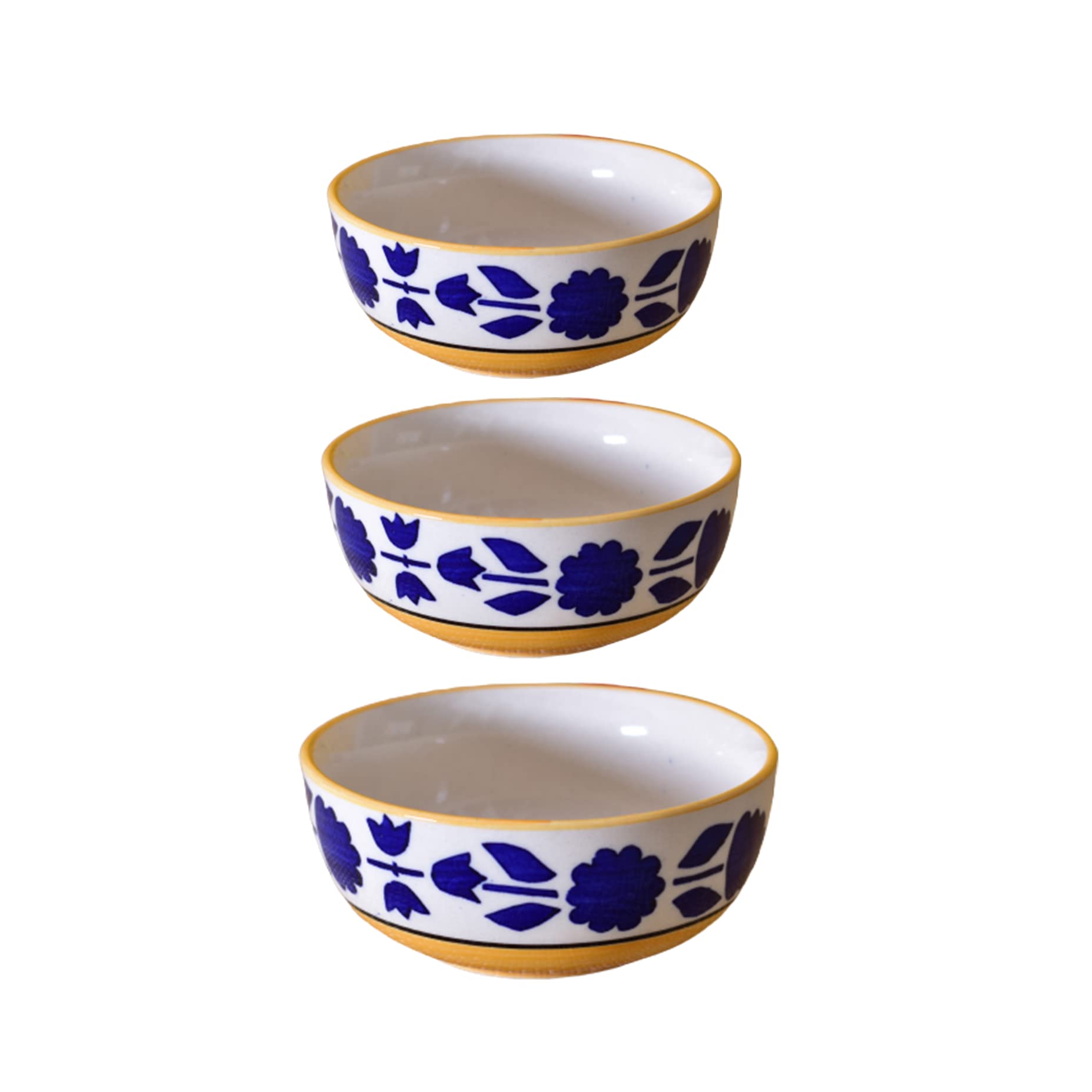 Kunhar Ceramic Mixing Bowls - 750 ML, 500 ML and 300 ML, 3 Pieces, Yellow Blue