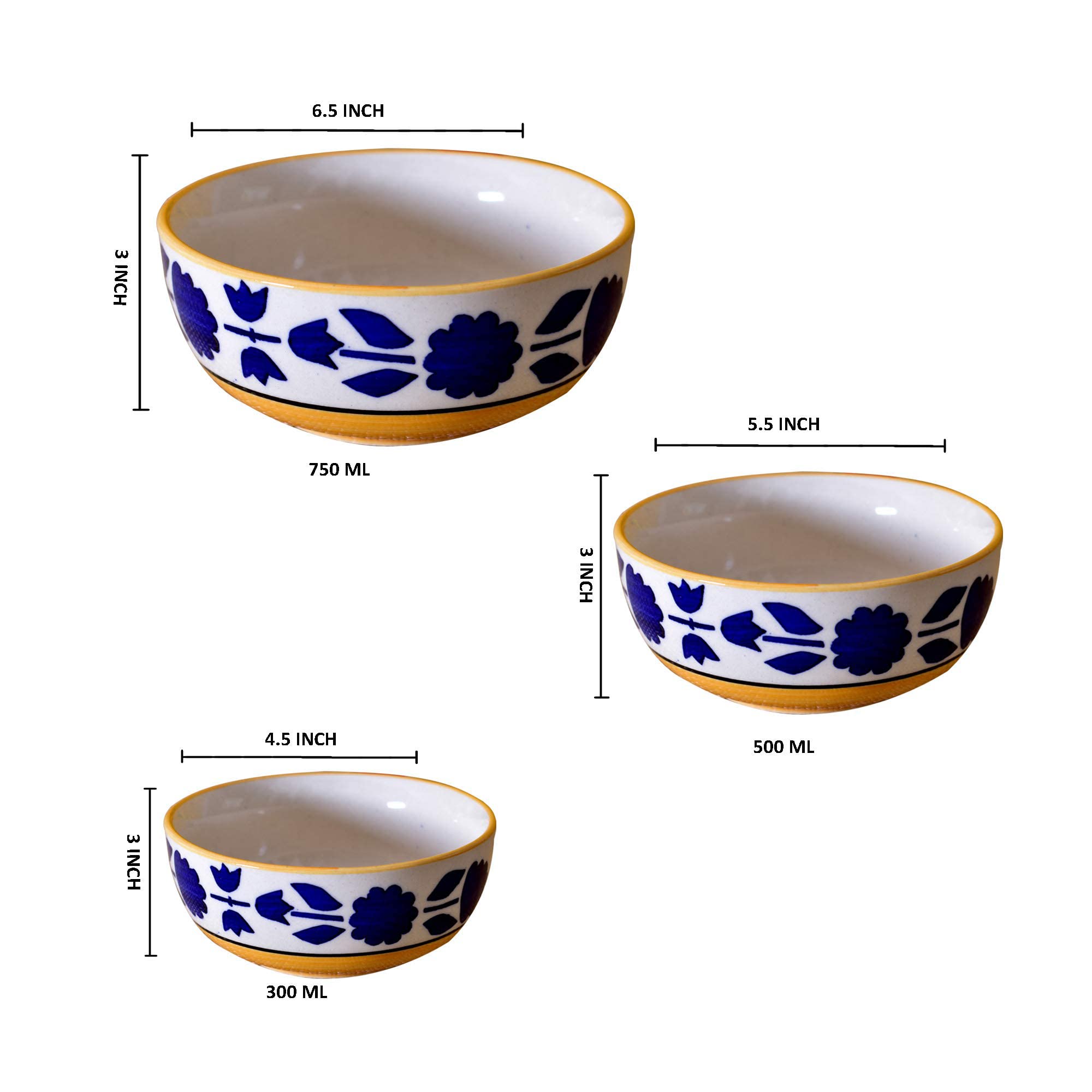 Kunhar Ceramic Mixing Bowls - 750 ML, 500 ML and 300 ML, 3 Pieces, Yellow Blue