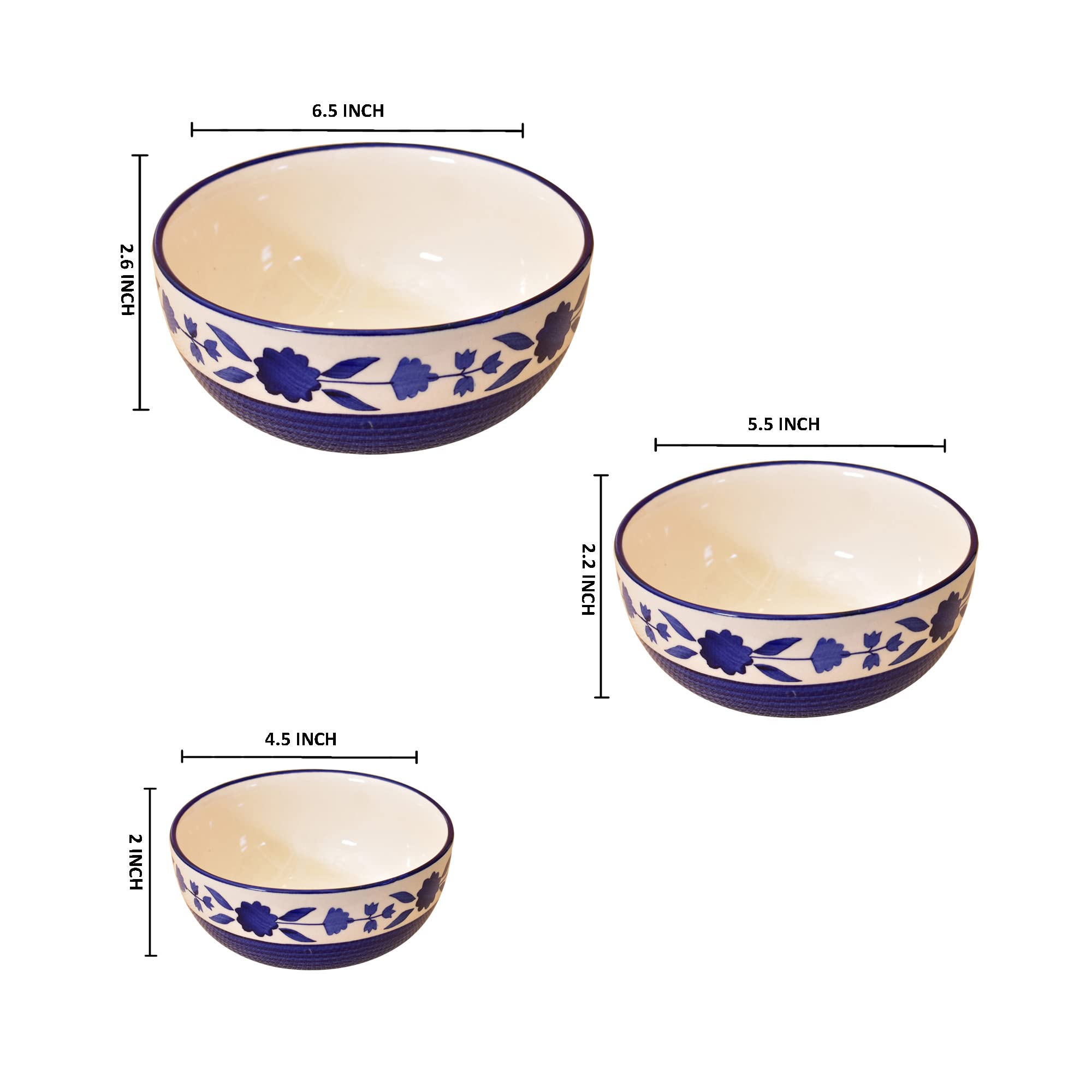 Kunhar Ceramic Mixing Bowls - 750 ML, 500 ML and 300 ML, 3 Pieces, Blue