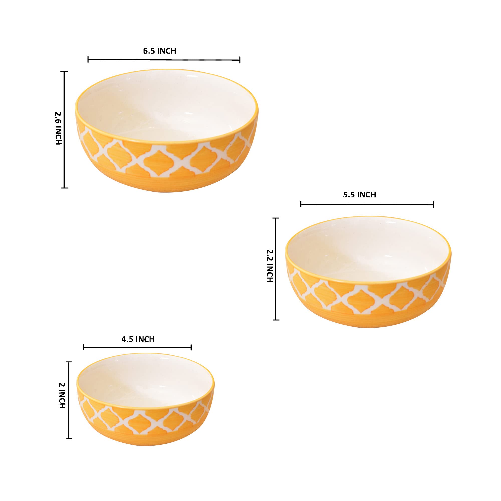 Kunhar Ceramic Mixing Bowls - 750 ML, 500 ML and 300 ML, 3 Pieces, Yellow